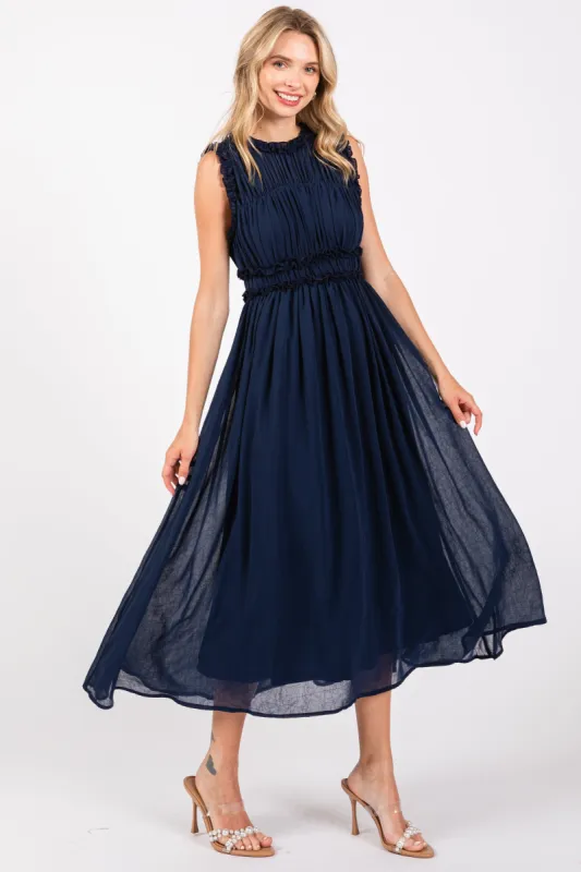 Navy Blue Chiffon Ruched Lettuce Edge Ruffle Midi Dress sold by Pinkblush