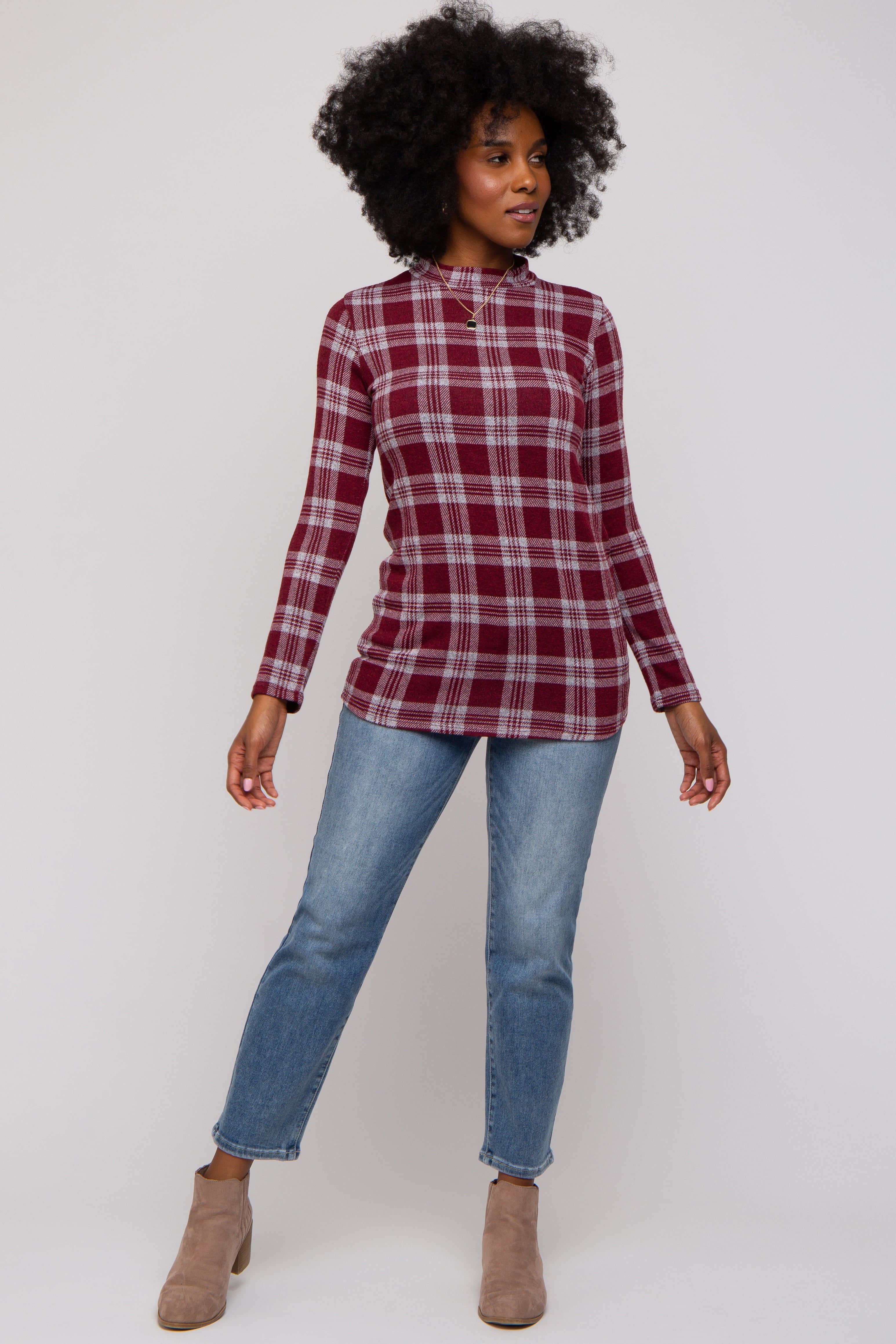 Burgundy Plaid Mock Neck Brushed Long Sleeve Maternity Top sold by Pinkblush product image thumbnail 5
