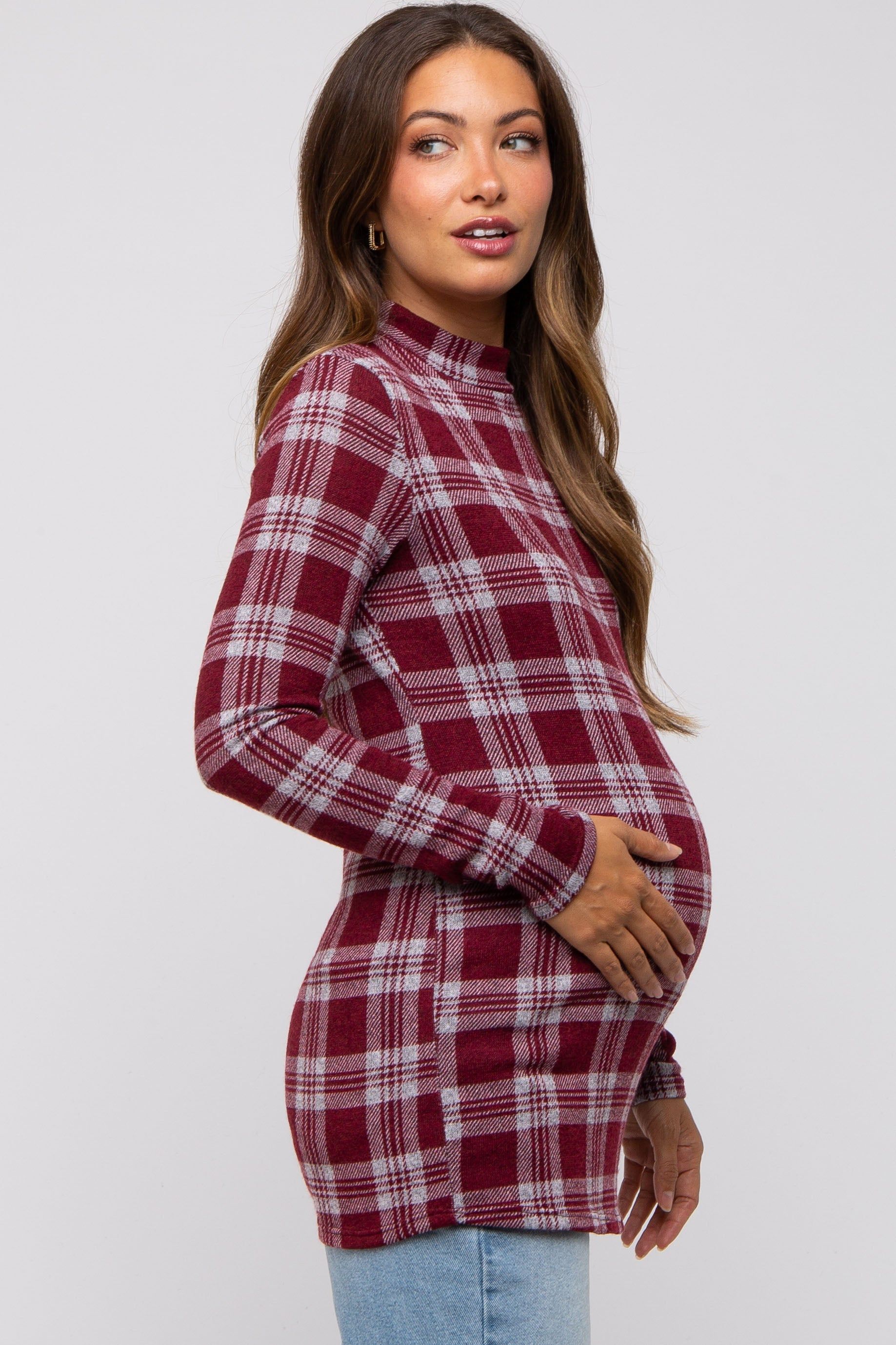 Burgundy Plaid Mock Neck Brushed Long Sleeve Maternity Top sold by Pinkblush product image thumbnail 2