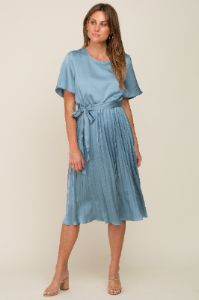 Blue Satin Pleated Midi Dress sold by Pinkblush