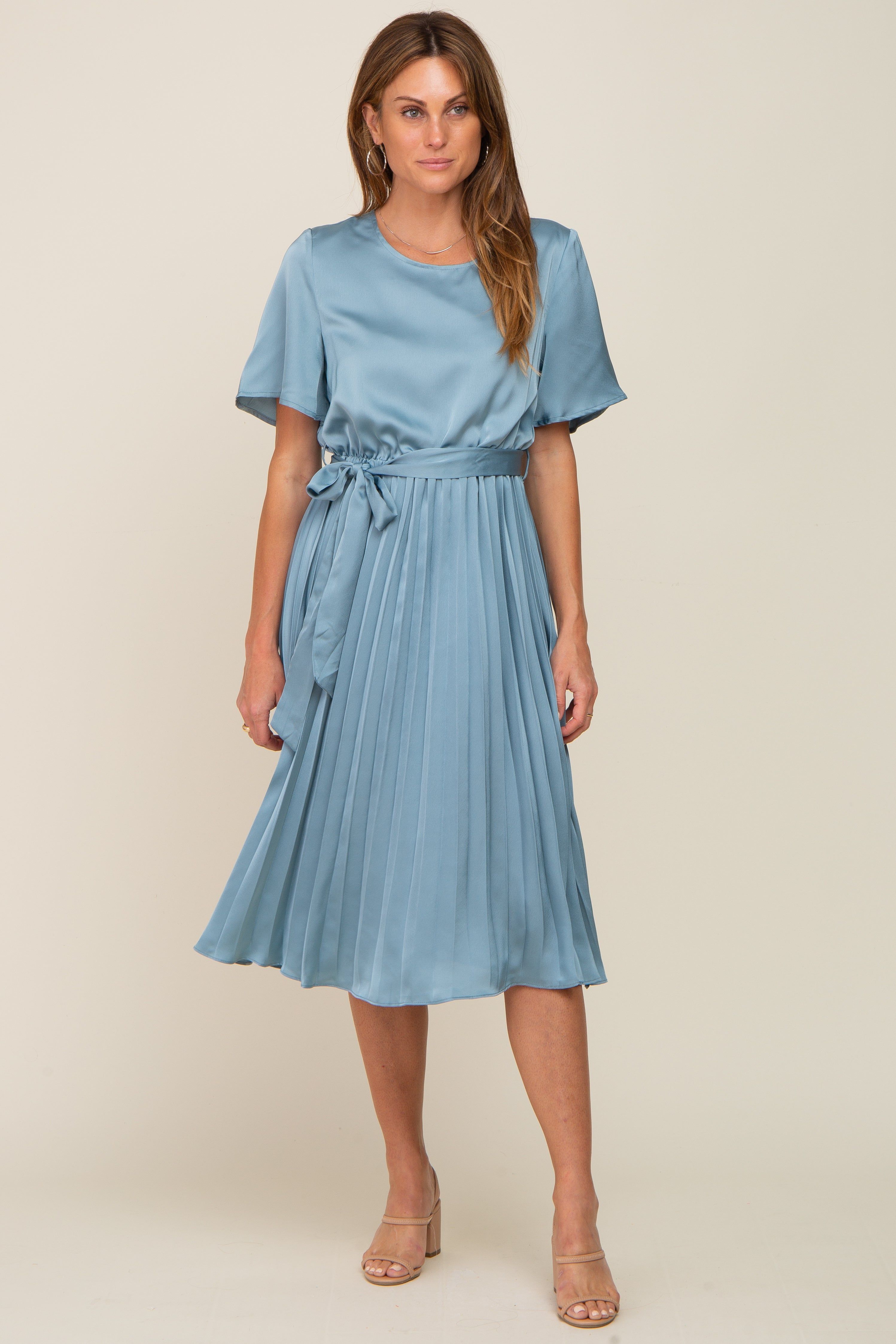Blue Satin Pleated Midi Dress sold by Pinkblush