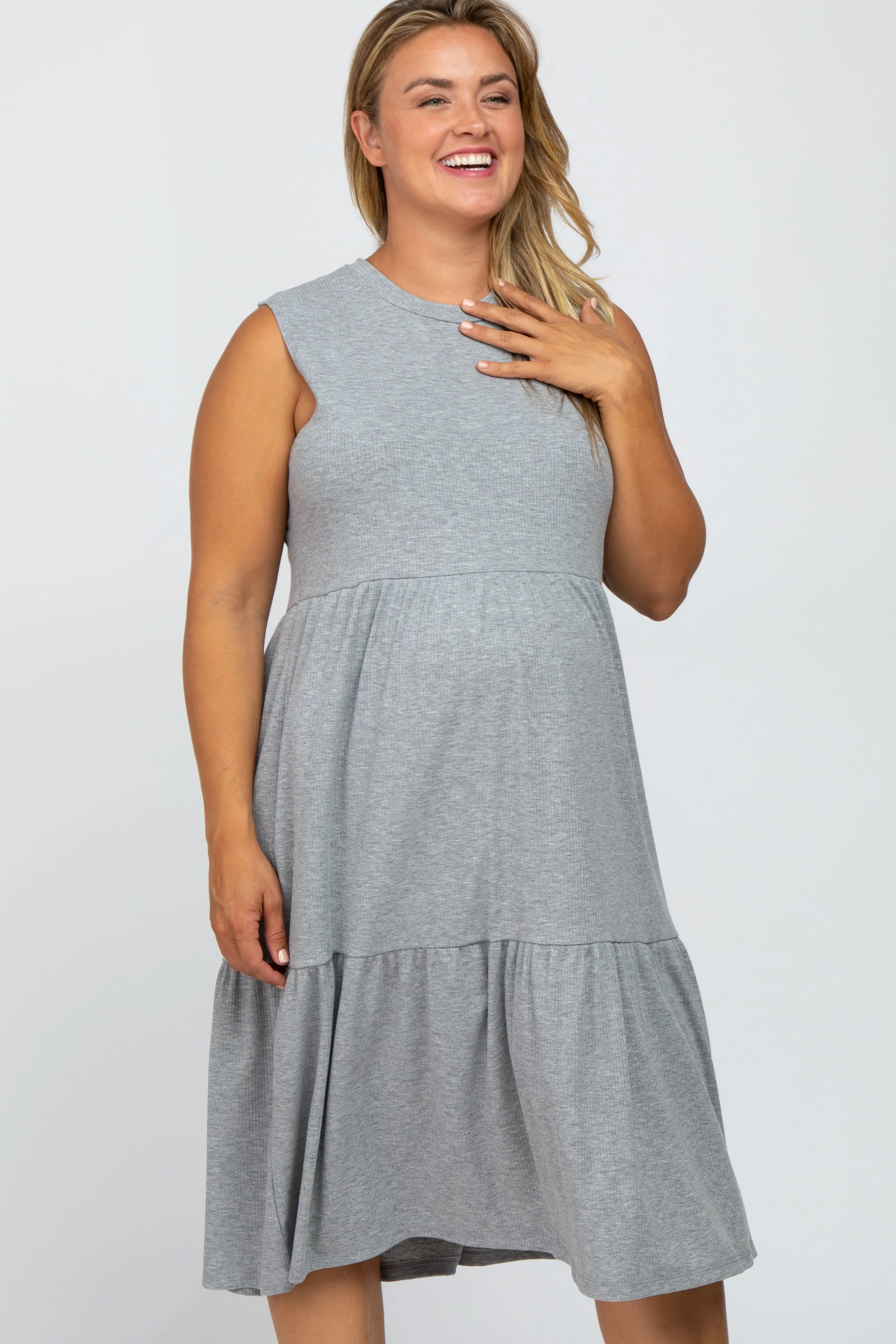 Heather Grey Ribbed Sleeveless Plus Maternity Midi Dress sold by Pinkblush product image thumbnail 2