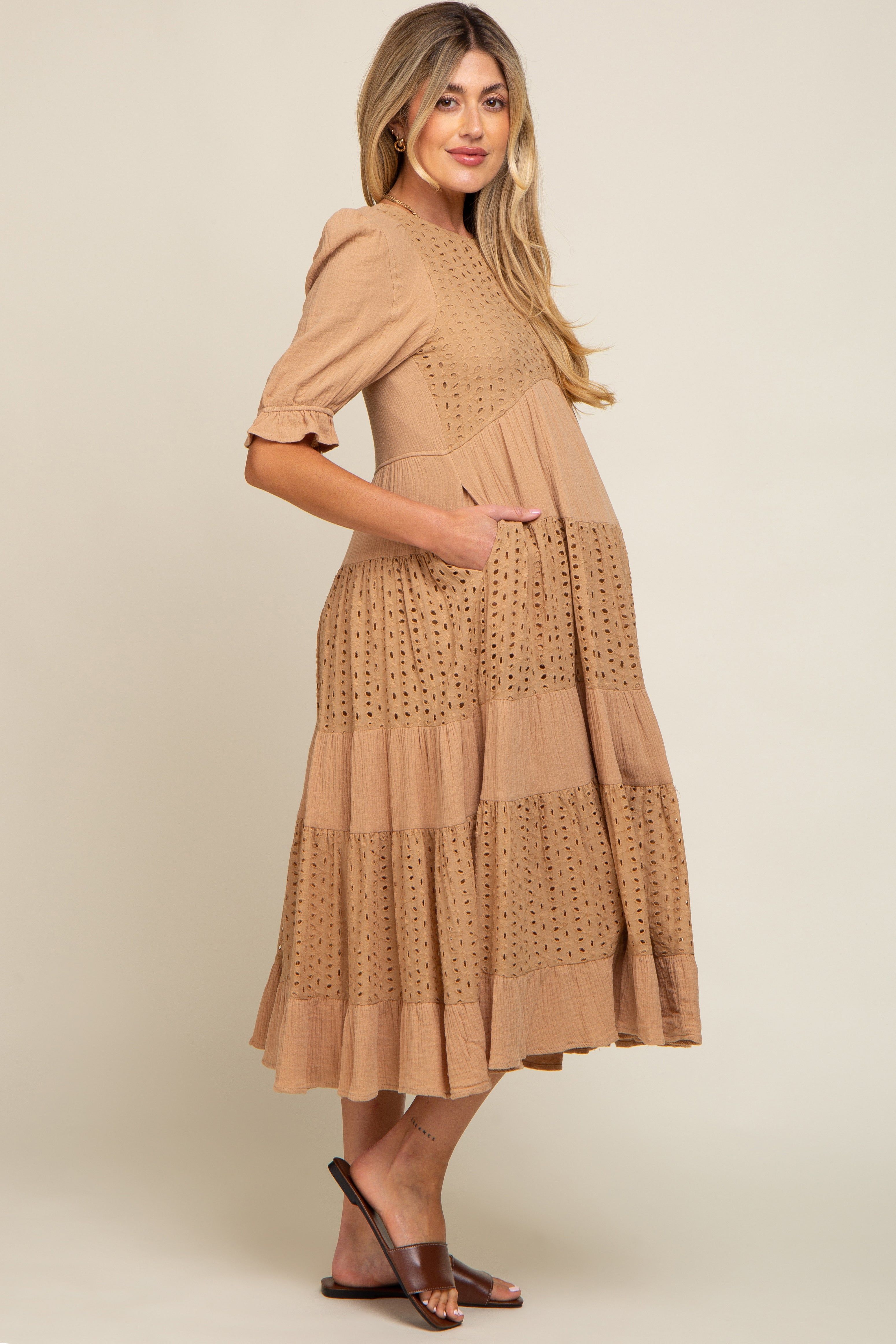 Camel Eyelet Puff Sleeve Tiered Maternity Midi Dress sold by Pinkblush product image thumbnail 2