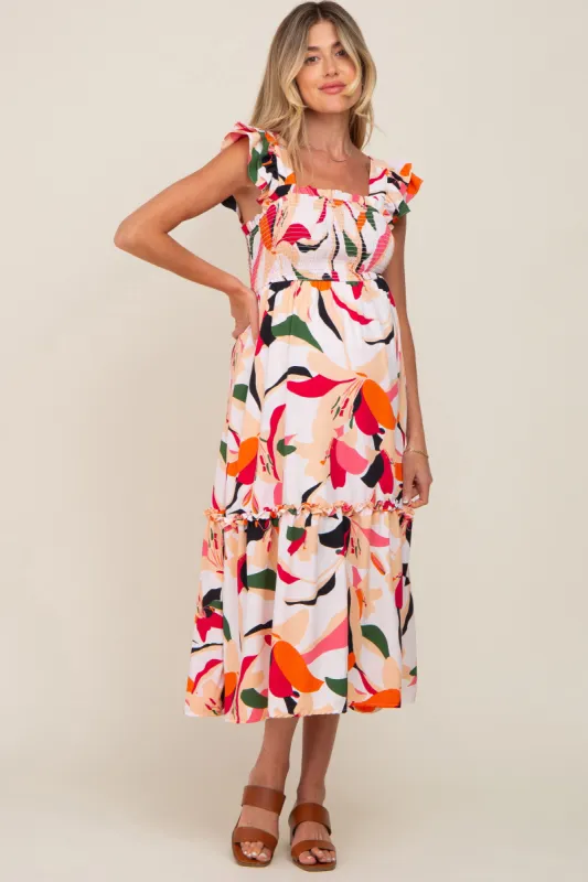 Ivory Floral Smocked Ruffle Tier Maternity Midi Dress sold by Pinkblush