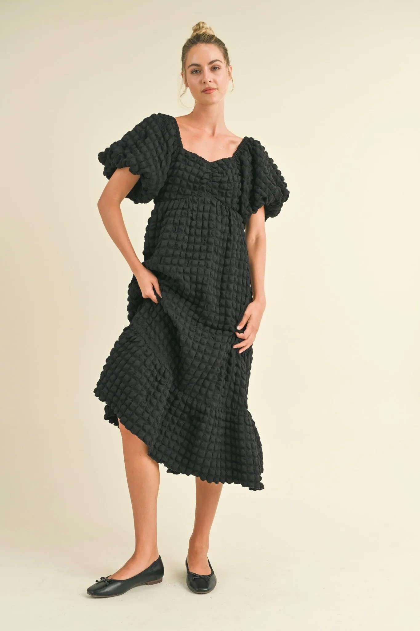 Black Textured Bubble Sleeve Midi Dress sold by Pinkblush product image thumbnail 2