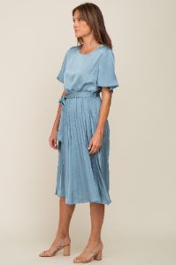 Blue Satin Pleated Midi Dress sold by Pinkblush