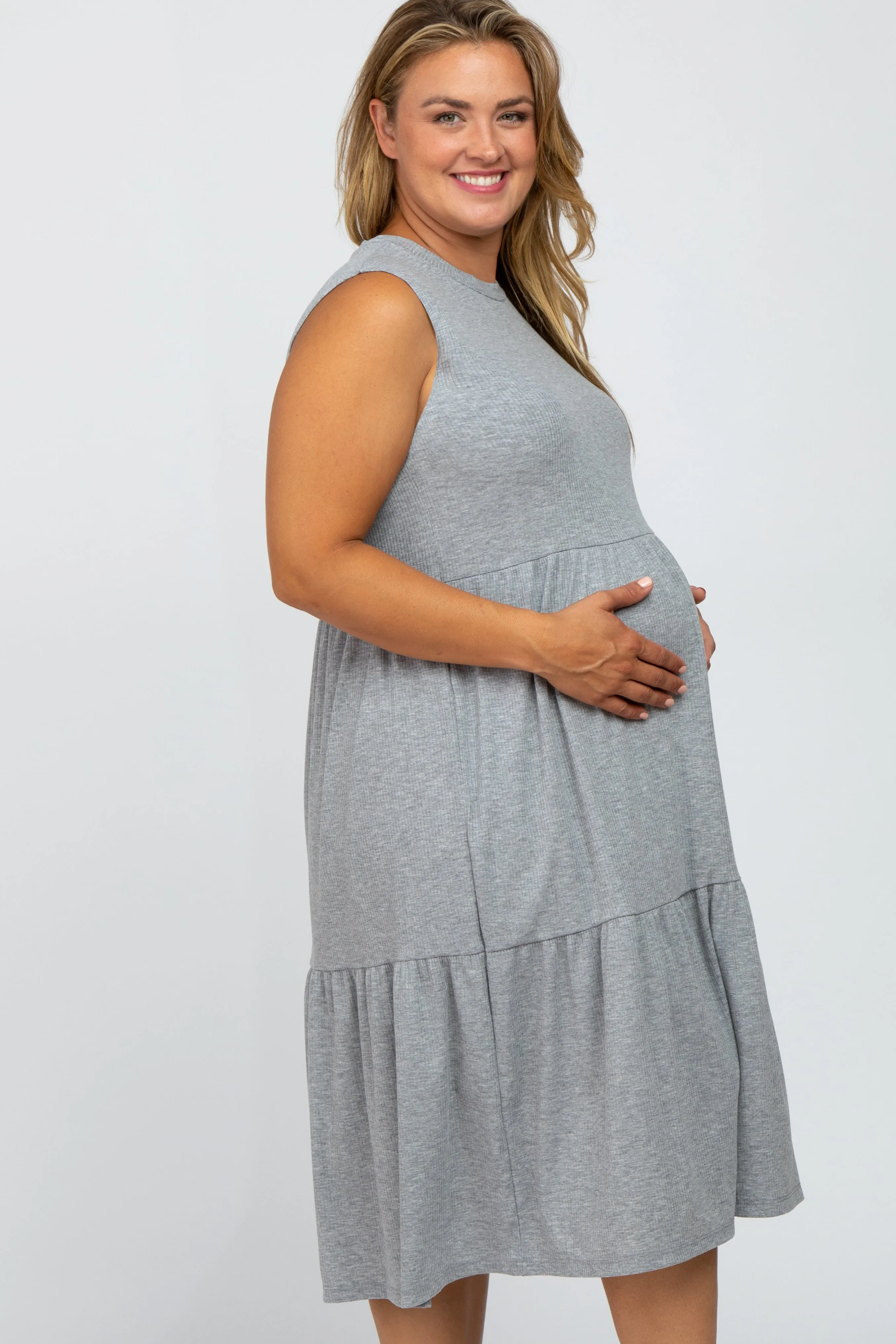 Heather Grey Ribbed Sleeveless Plus Maternity Midi Dress sold by Pinkblush product image thumbnail 3