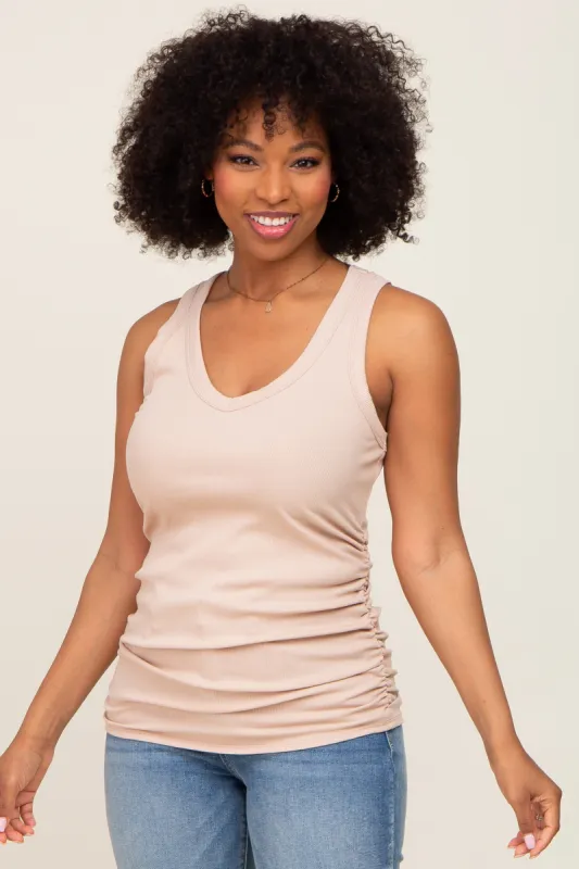 Taupe Ribbed Sleeveless Ruched Tank Top sold by Pinkblush