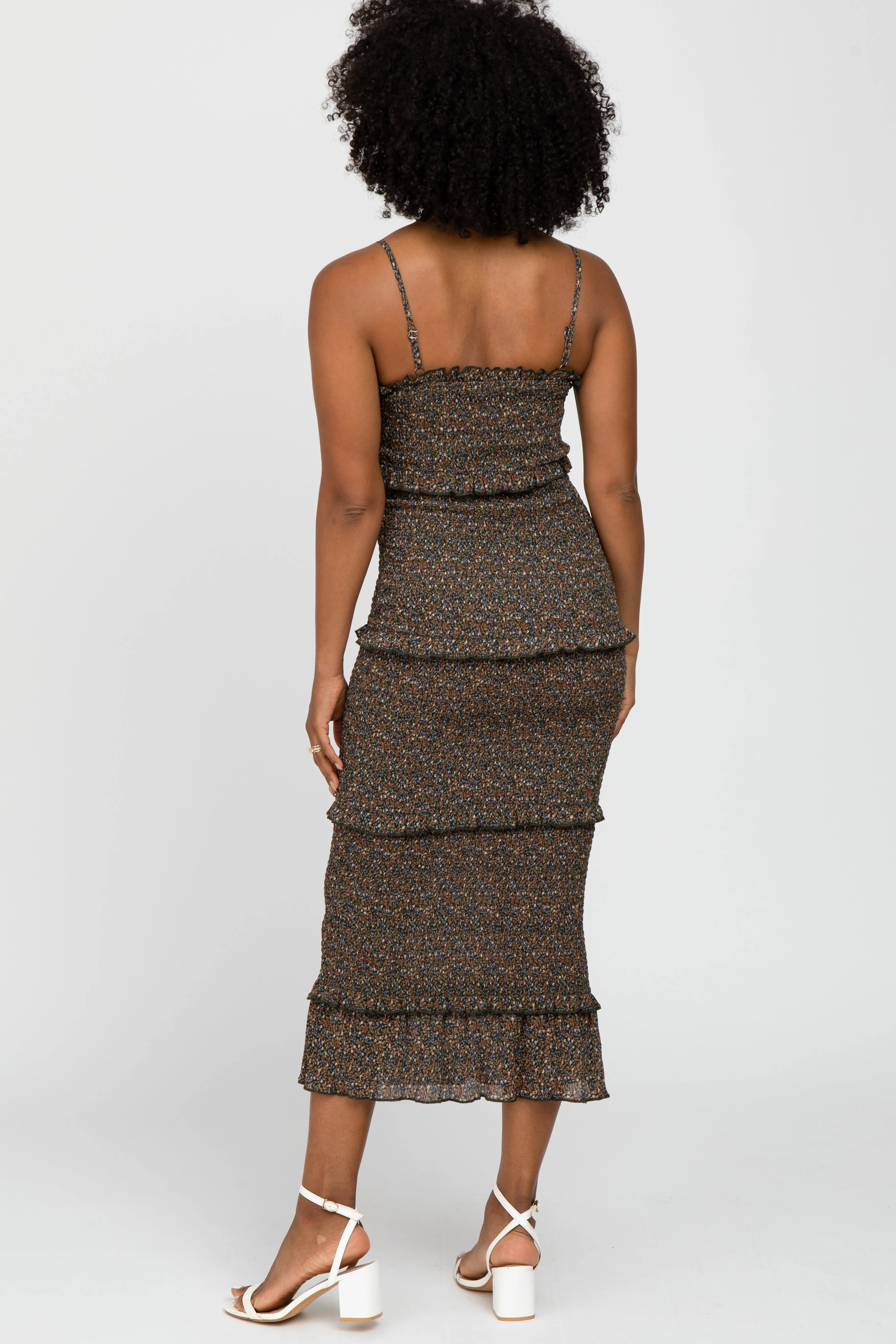 Forest Green Floral Print Smocked Fitted Midi Dress sold by Pinkblush product image thumbnail 3