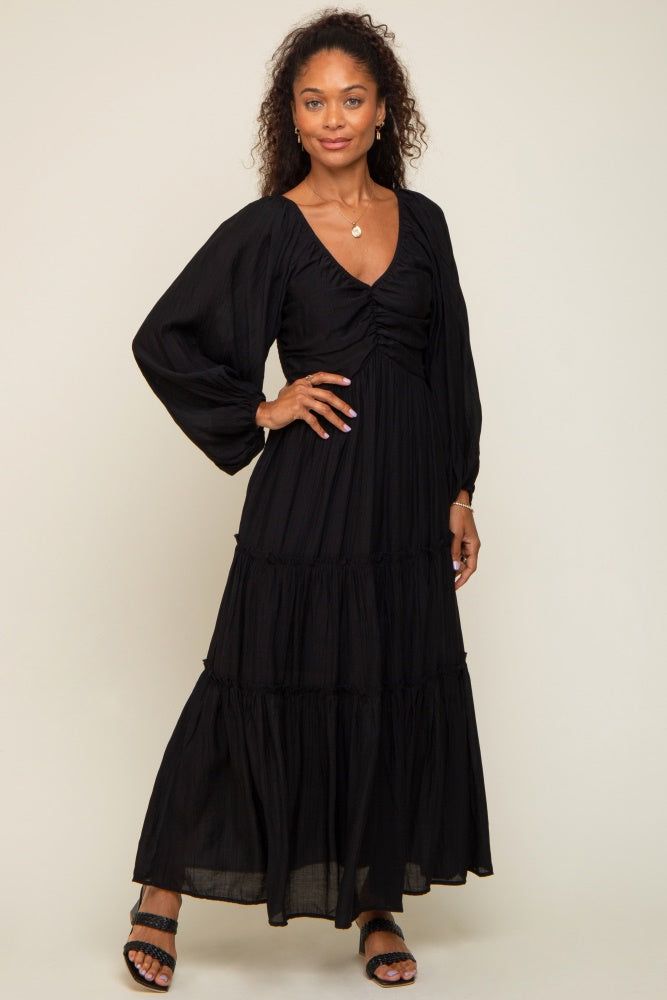 Black Ruched Front Cutout Back Tiered Maxi Dress sold by Pinkblush product image thumbnail 4