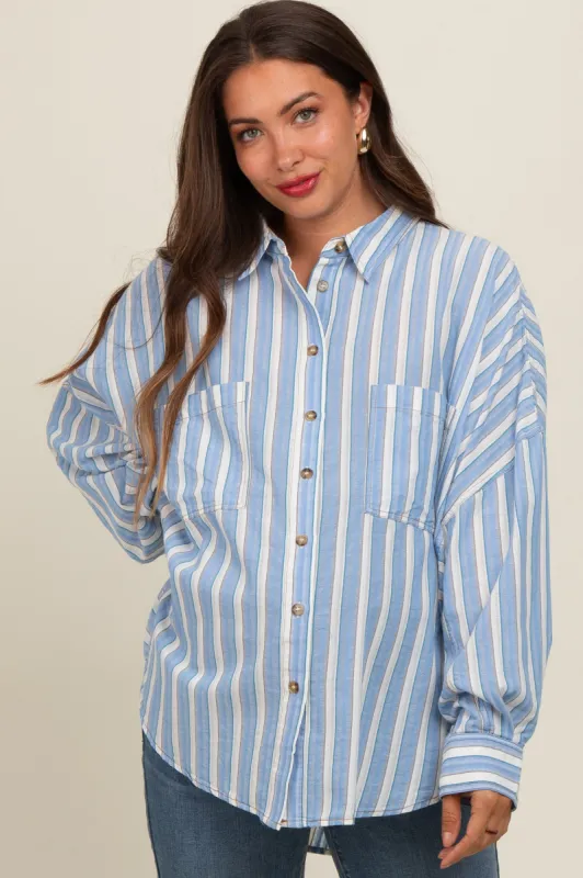 Blue Striped Front Pocket Maternity Shirt sold by Pinkblush