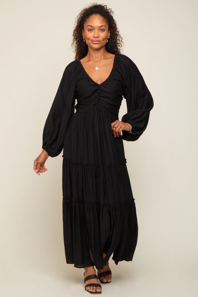 Black Ruched Front Cutout Back Tiered Maxi Dress sold by Pinkblush