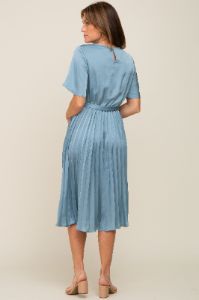 Blue Satin Pleated Midi Dress sold by Pinkblush