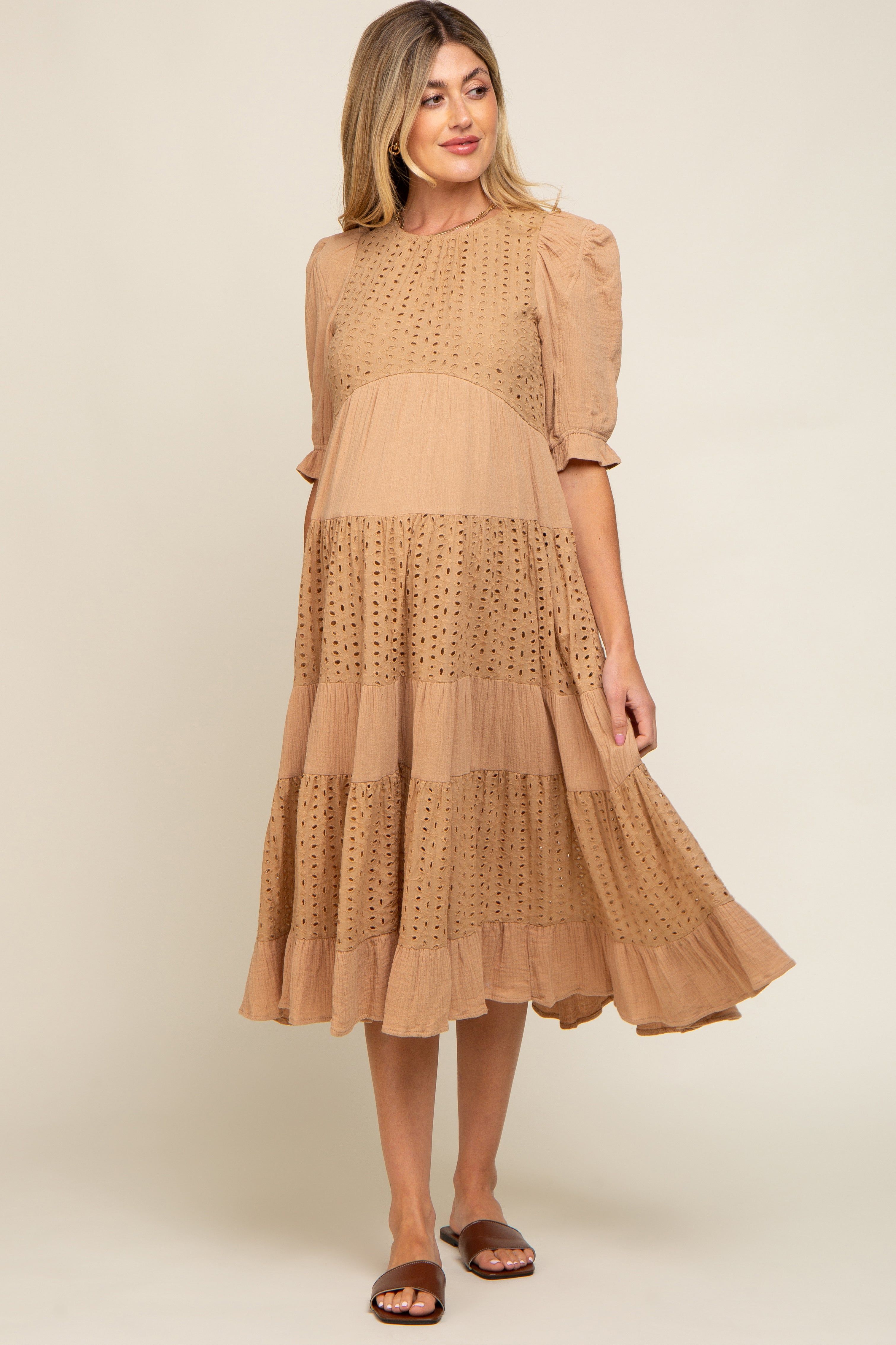 Camel Eyelet Puff Sleeve Tiered Maternity Midi Dress sold by Pinkblush product image thumbnail 4