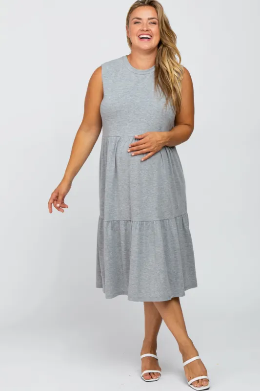 Heather Grey Ribbed Sleeveless Plus Maternity Midi Dress sold by Pinkblush