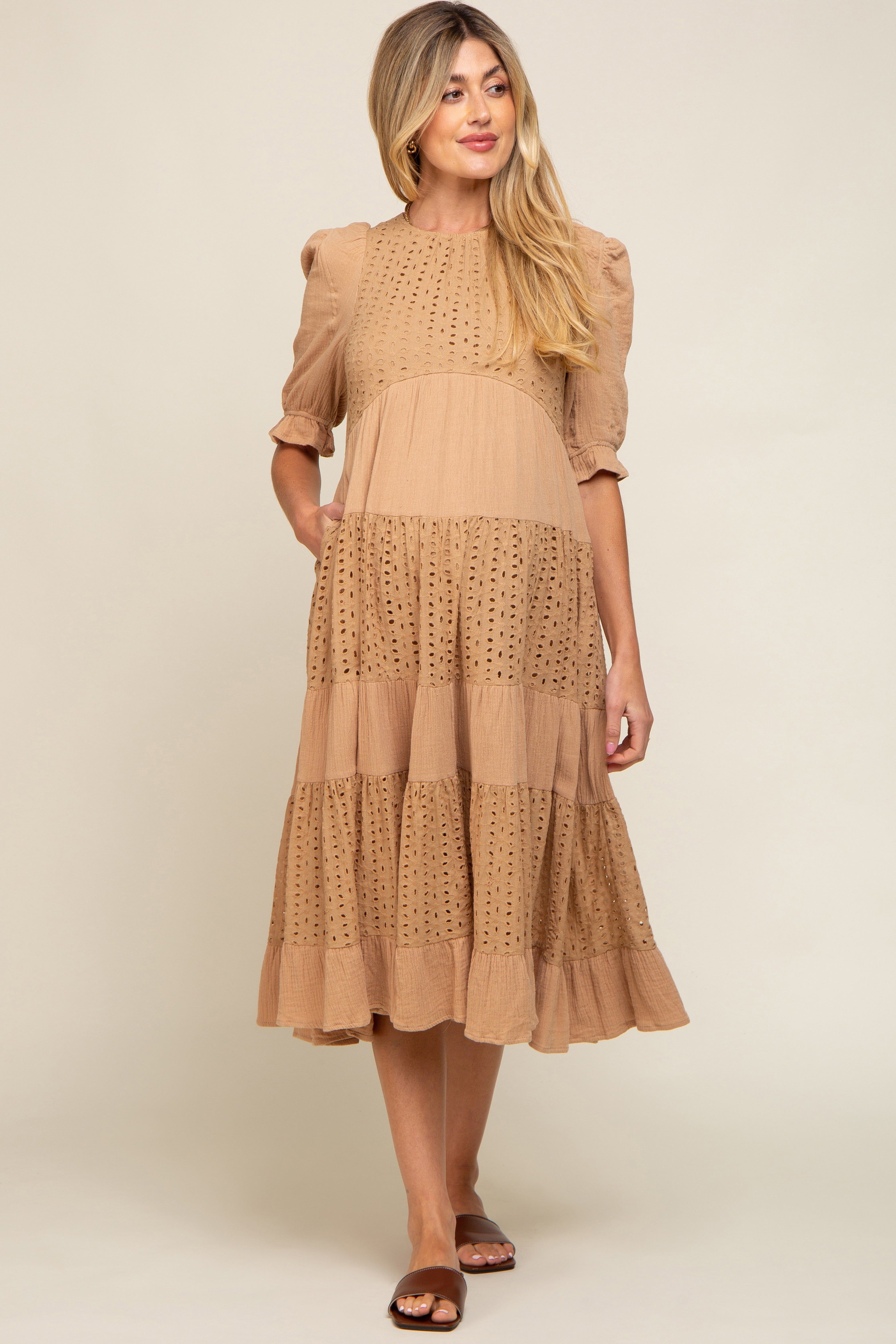 Camel Eyelet Puff Sleeve Tiered Maternity Midi Dress sold by Pinkblush