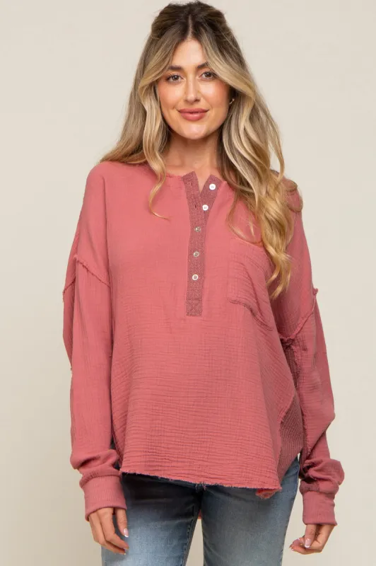 Mauve Front Button Drop Shoulder Long Sleeve Maternity Top sold by Pinkblush
