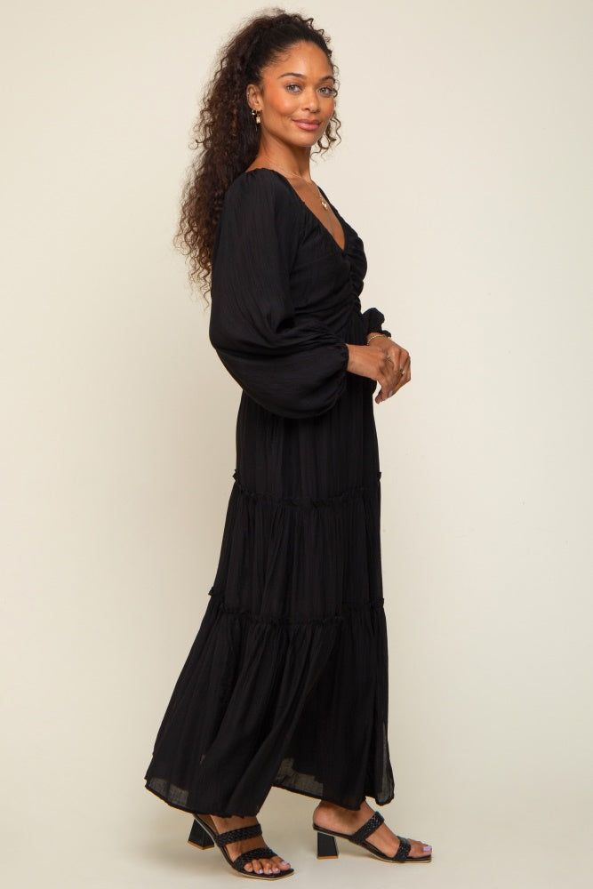Black Ruched Front Cutout Back Tiered Maxi Dress sold by Pinkblush product image thumbnail 2