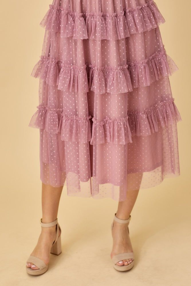 Mauve Dot Smocked Ruffle Tiered Midi Dress sold by Pinkblush product image thumbnail 3