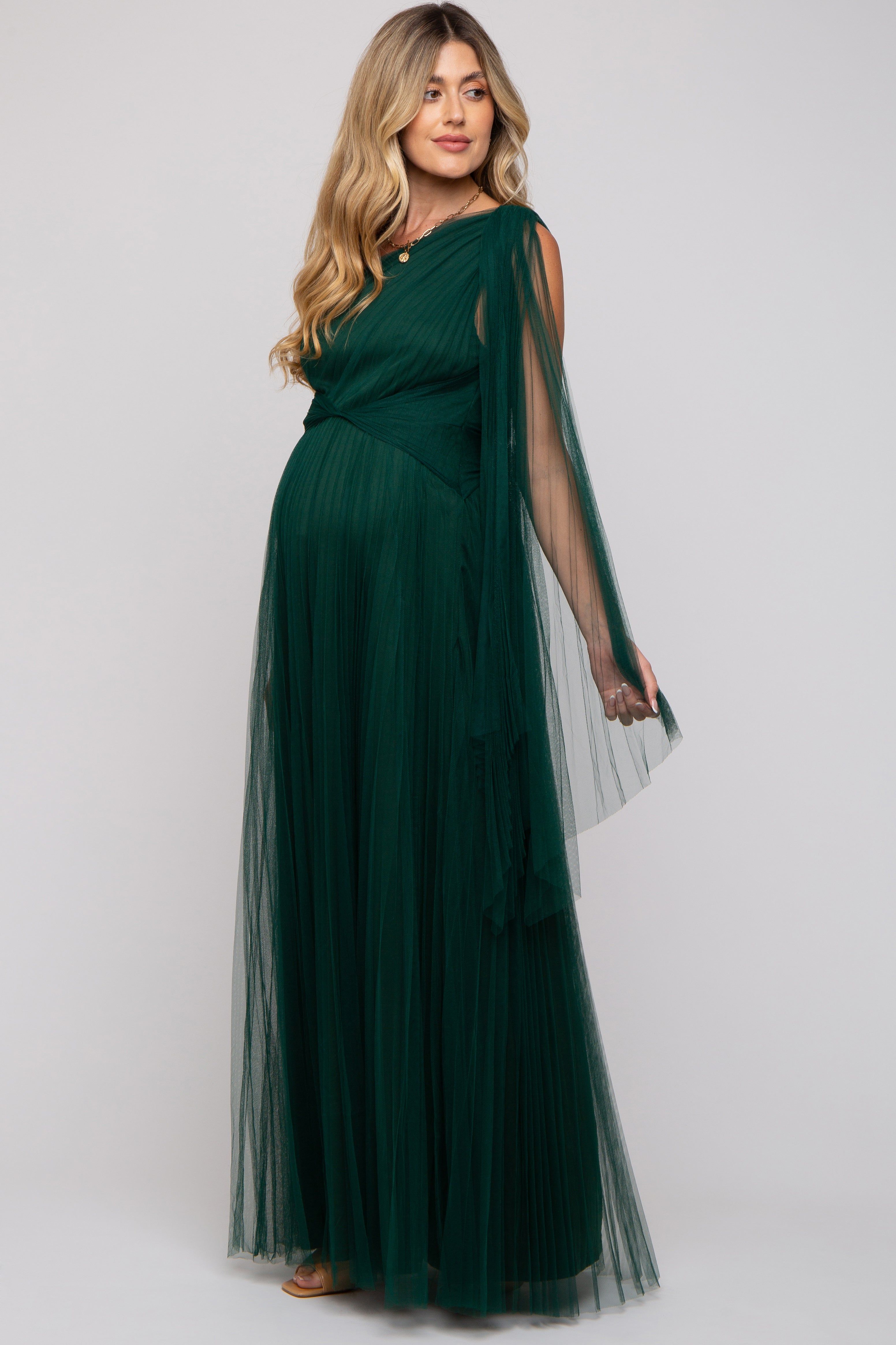 Forest Green One Shoulder Pleated Mesh Maternity Gown sold by Pinkblush product image thumbnail 3