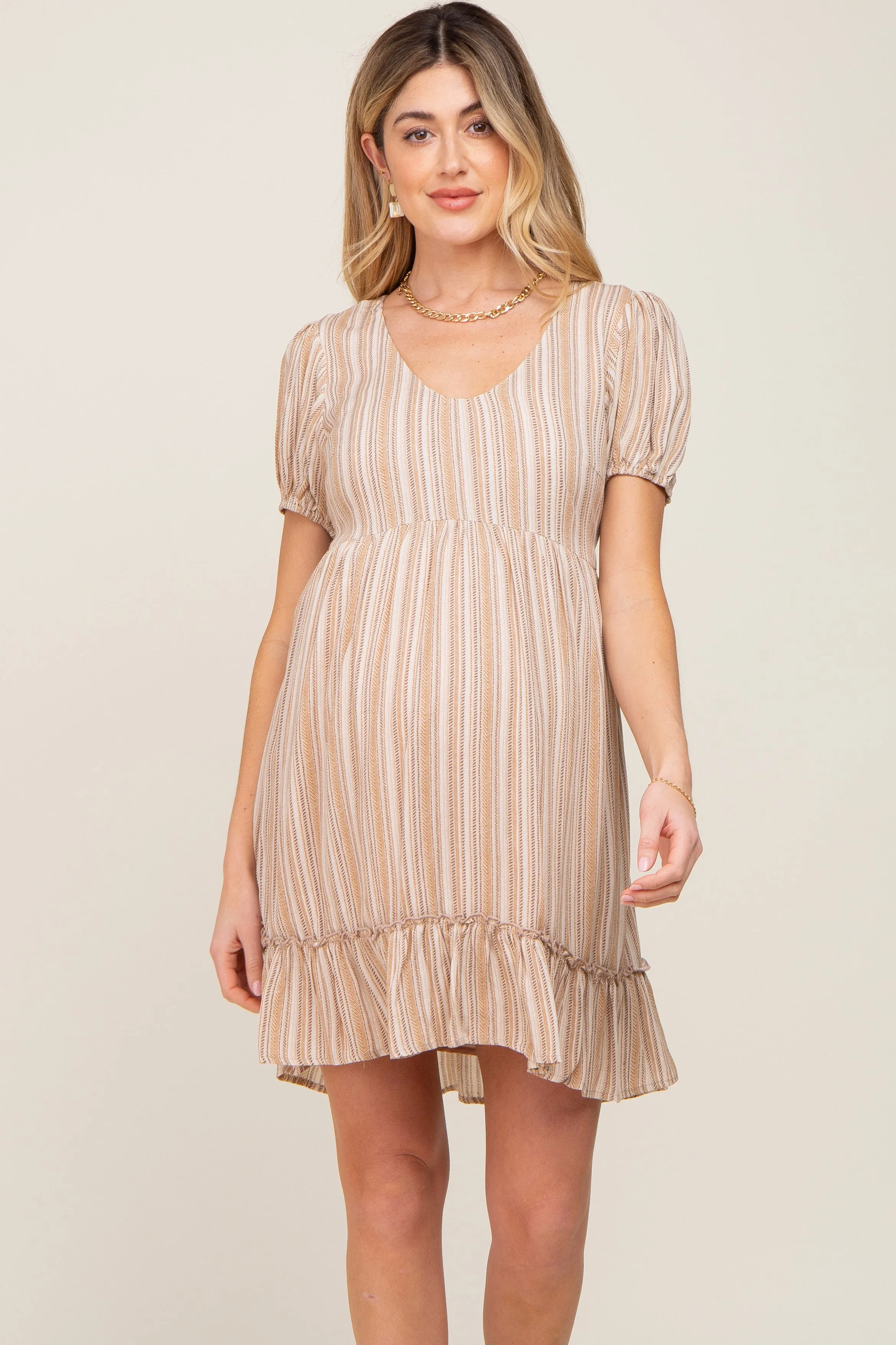 Taupe Stripe Print Puff Sleeve Maternity Dress sold by Pinkblush product image thumbnail 2