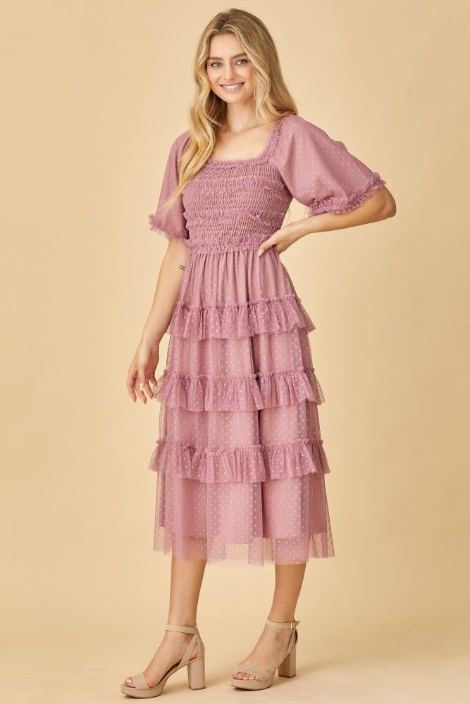 Mauve Dot Smocked Ruffle Tiered Midi Dress sold by Pinkblush product image thumbnail 2
