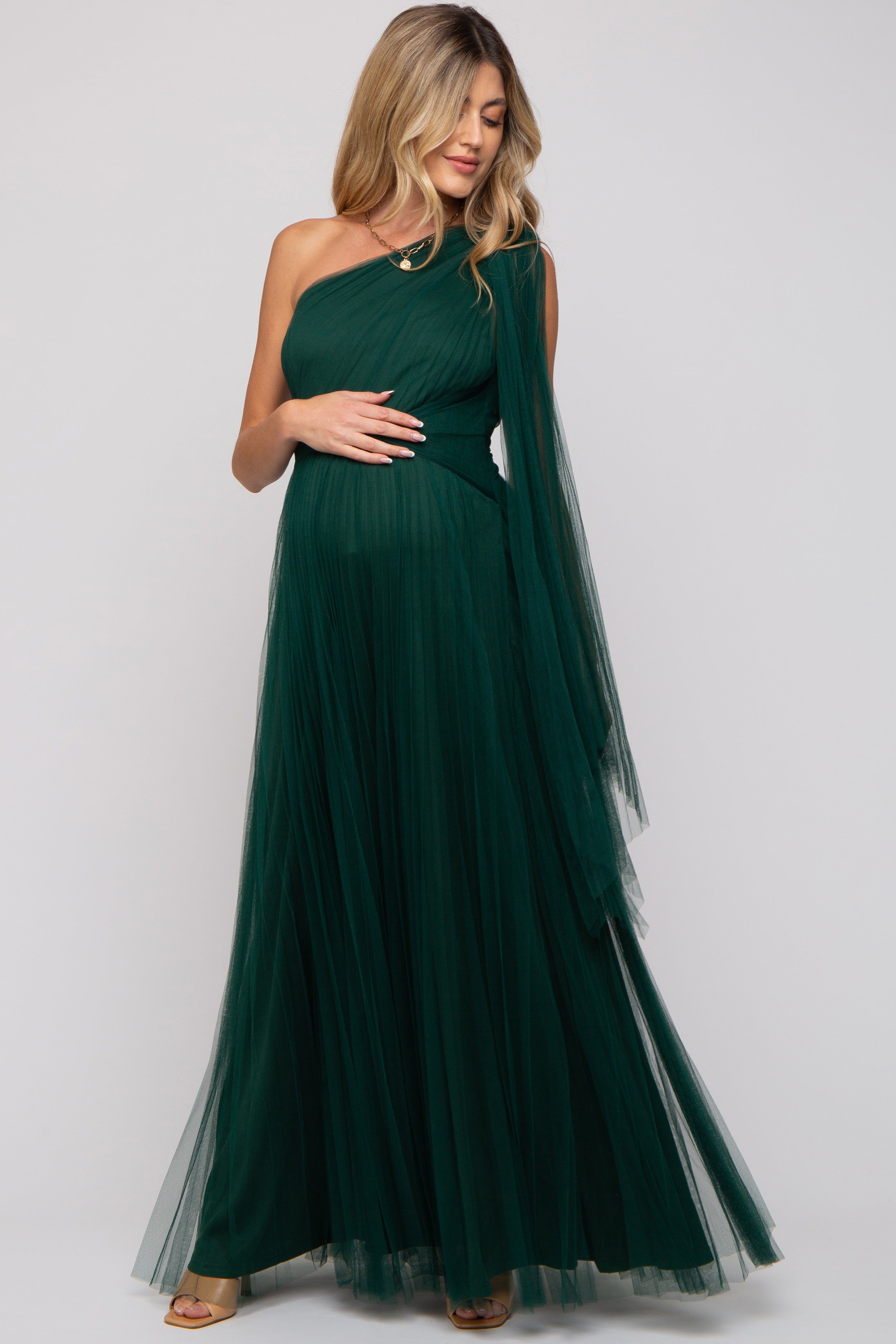 Forest Green One Shoulder Pleated Mesh Maternity Gown sold by Pinkblush product image thumbnail 2