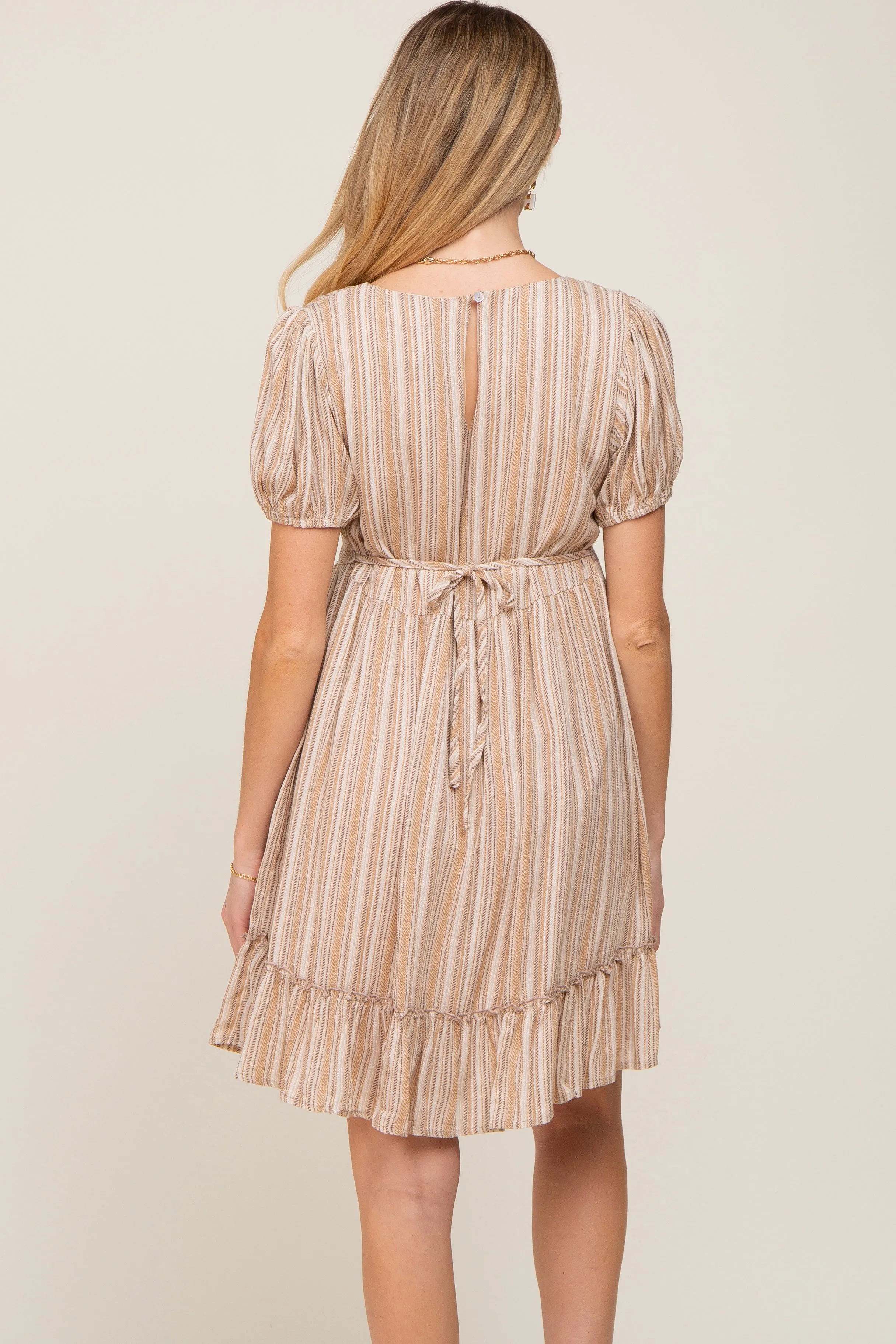 Taupe Stripe Print Puff Sleeve Maternity Dress sold by Pinkblush product image thumbnail 4