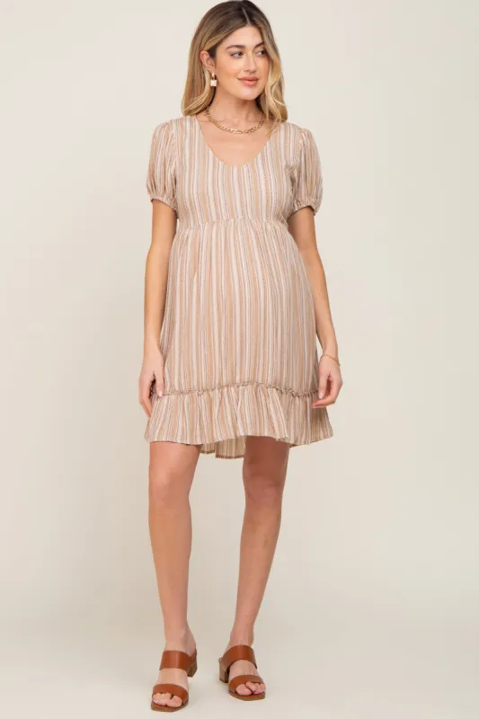 Taupe Stripe Print Puff Sleeve Maternity Dress sold by Pinkblush