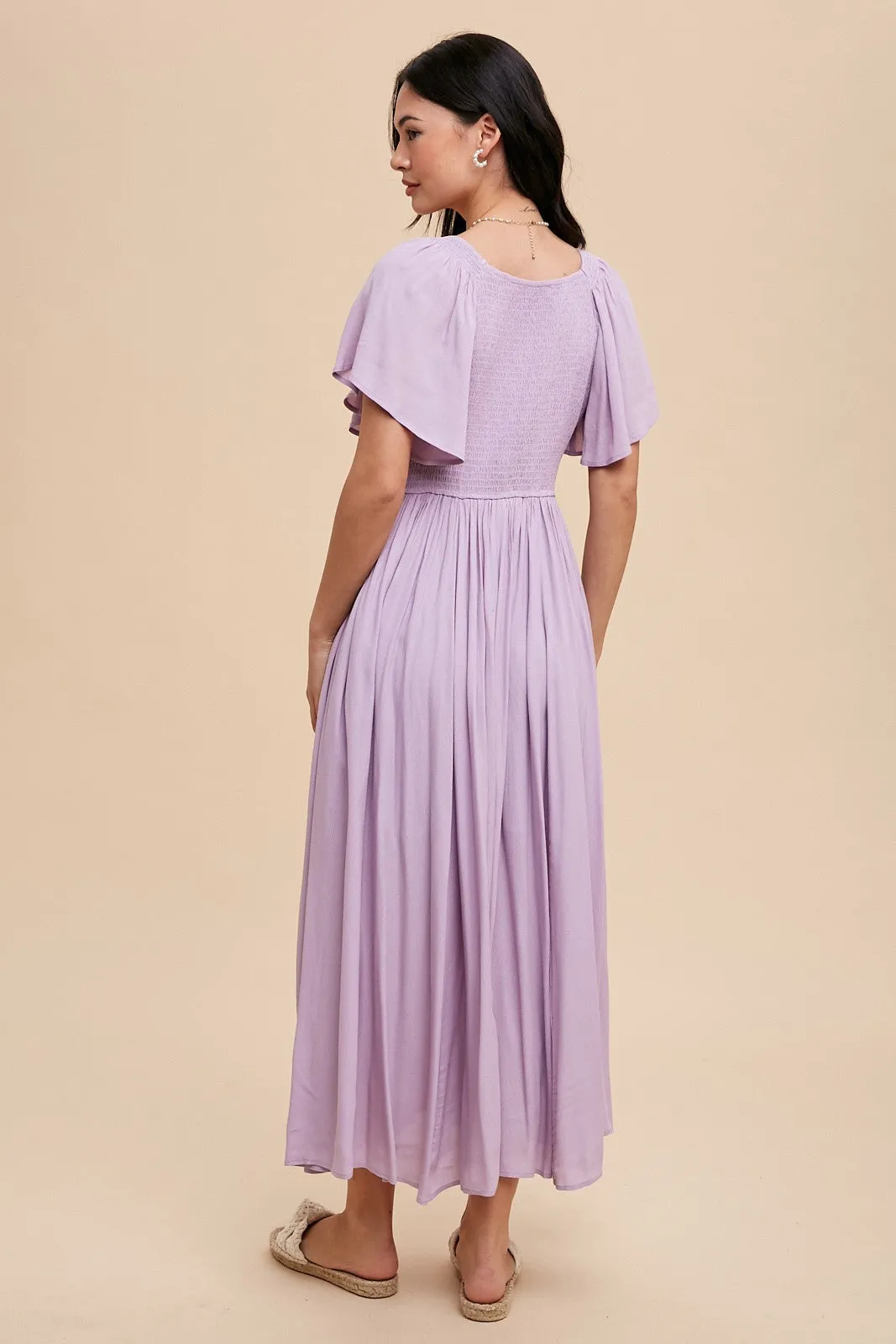 Lavender V-Neck Flutter Short Sleeve Midi Dress sold by Pinkblush product image thumbnail 4