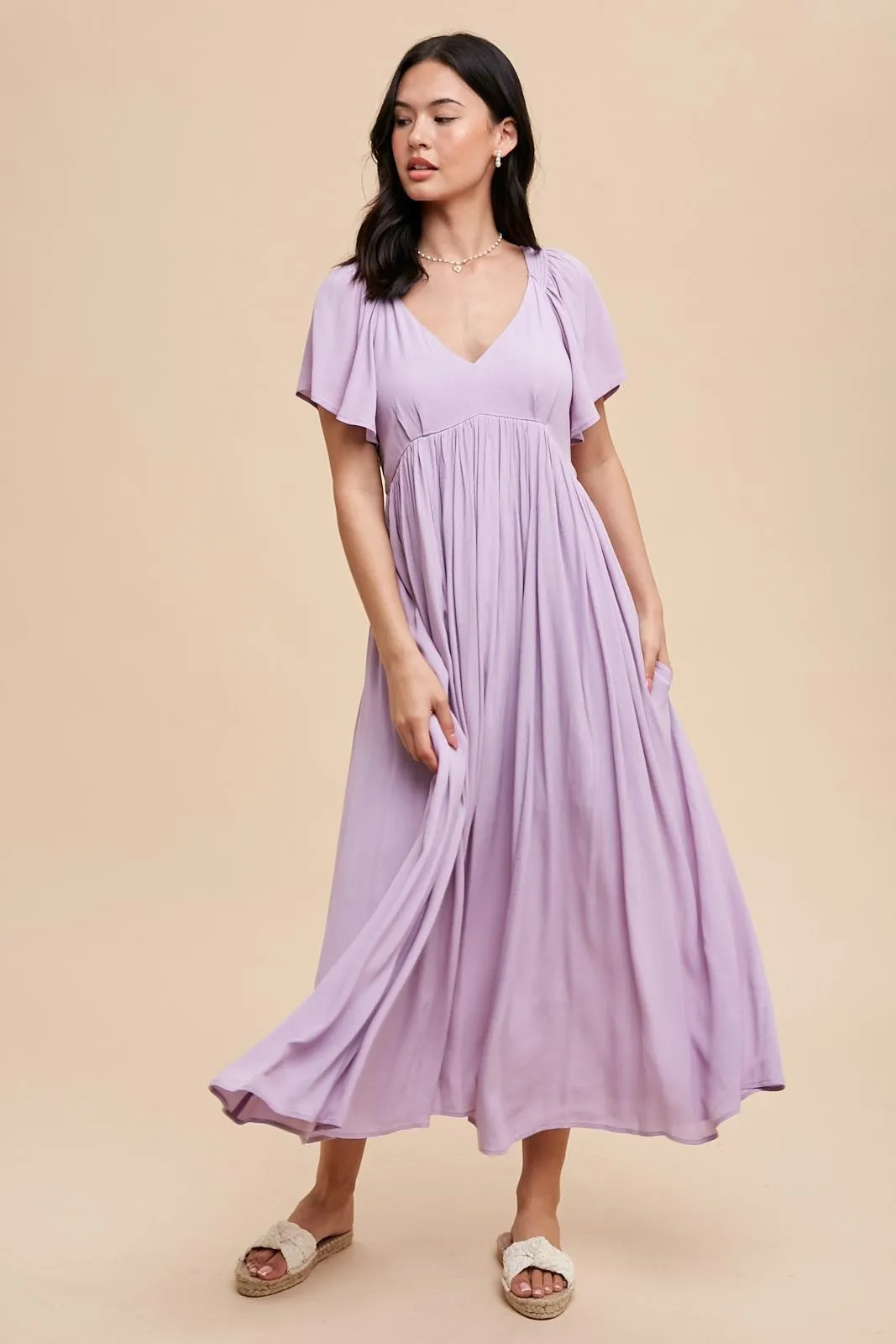 Lavender V-Neck Flutter Short Sleeve Midi Dress sold by Pinkblush