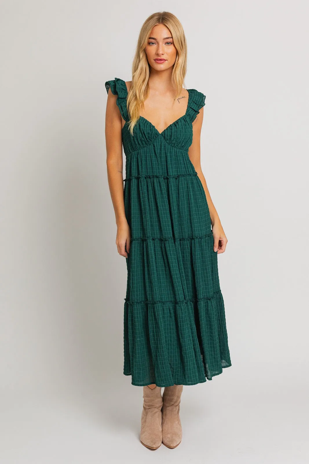 Forest Green Textured Tiered Midi Dress sold by Pinkblush product image thumbnail 4
