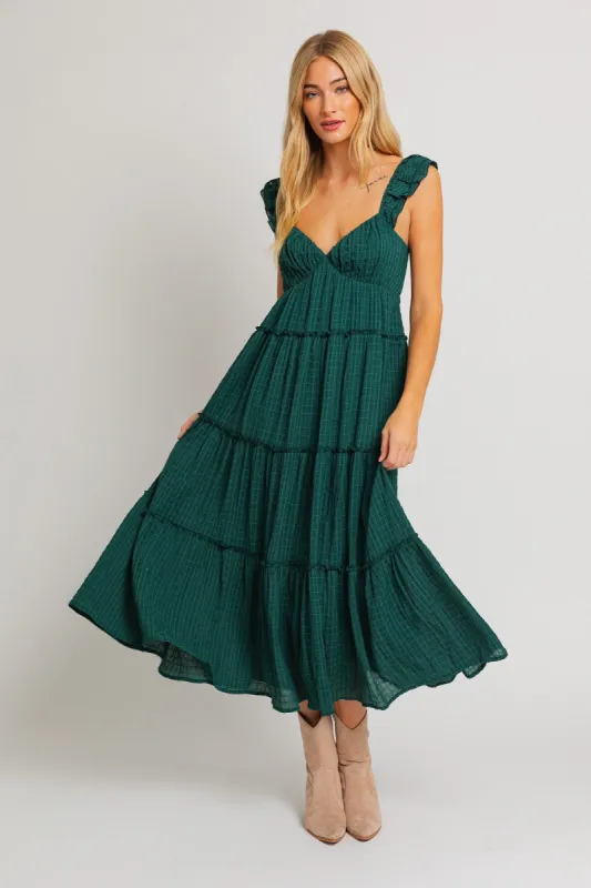 Forest Green Textured Tiered Midi Dress sold by Pinkblush