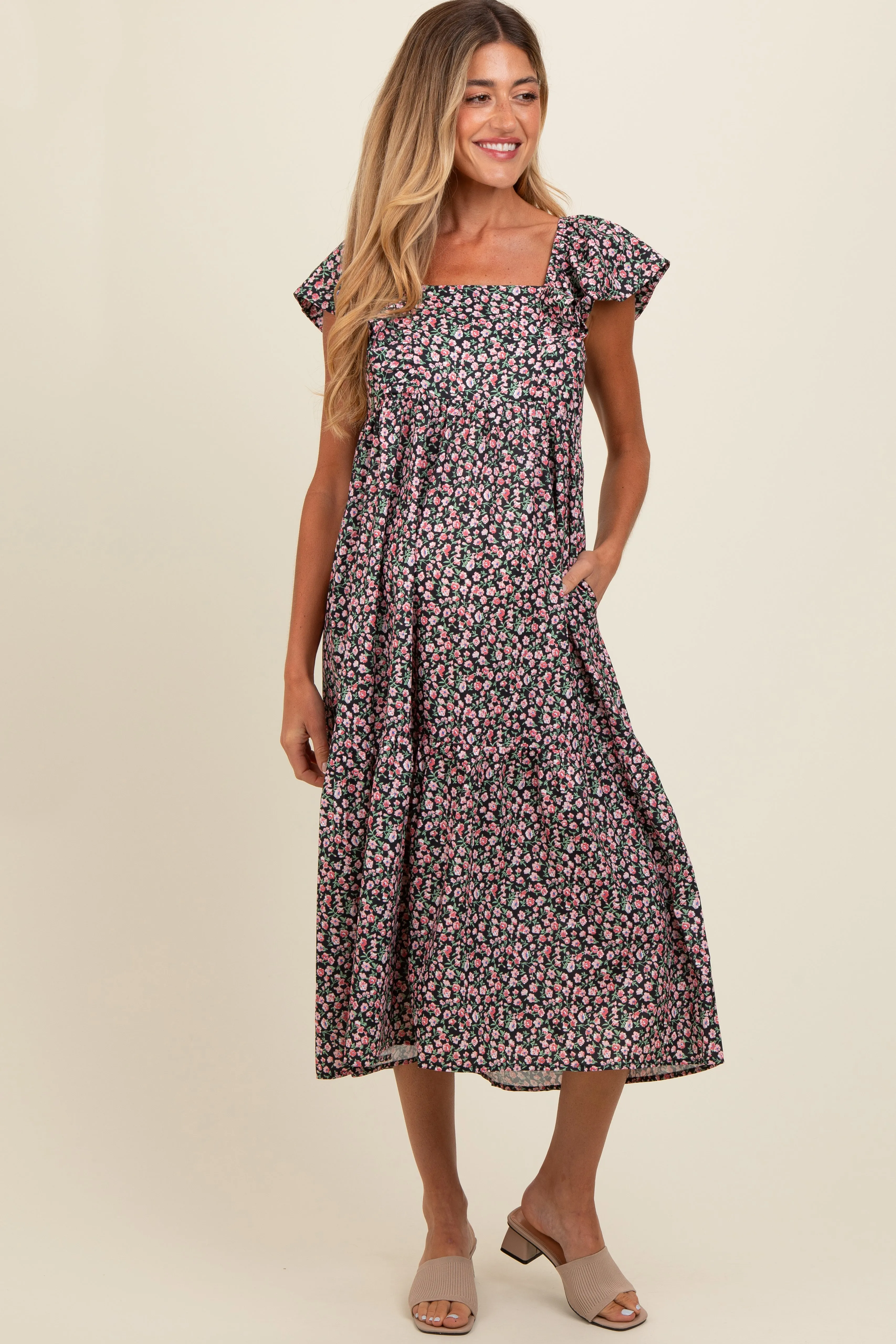 Black Floral Ruffle Off Shoulder Maternity Midi Dress sold by Pinkblush product image thumbnail 2