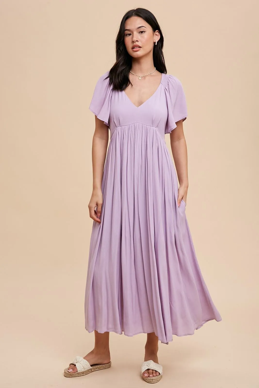 Lavender V-Neck Flutter Short Sleeve Midi Dress sold by Pinkblush product image thumbnail 2