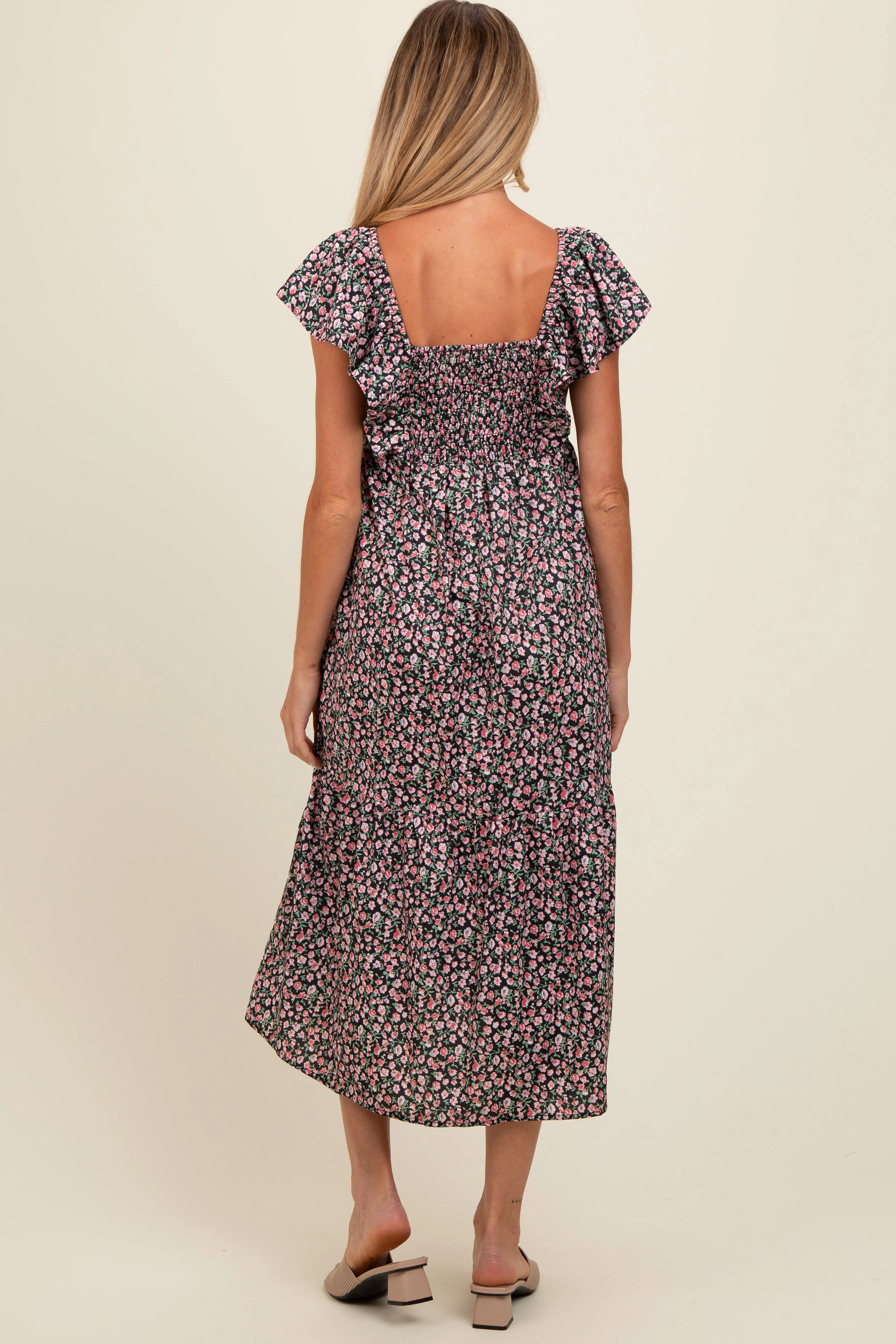 Black Floral Ruffle Off Shoulder Maternity Midi Dress sold by Pinkblush product image thumbnail 3