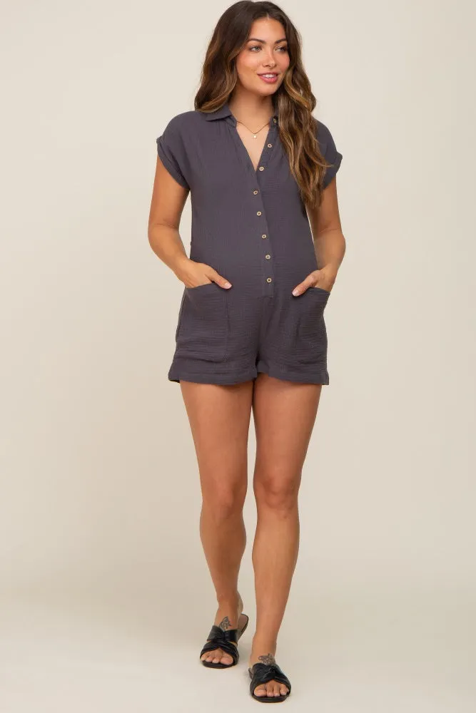Charcoal Gauze Button Up Front Pocket Maternity Romper sold by Pinkblush product image thumbnail 5
