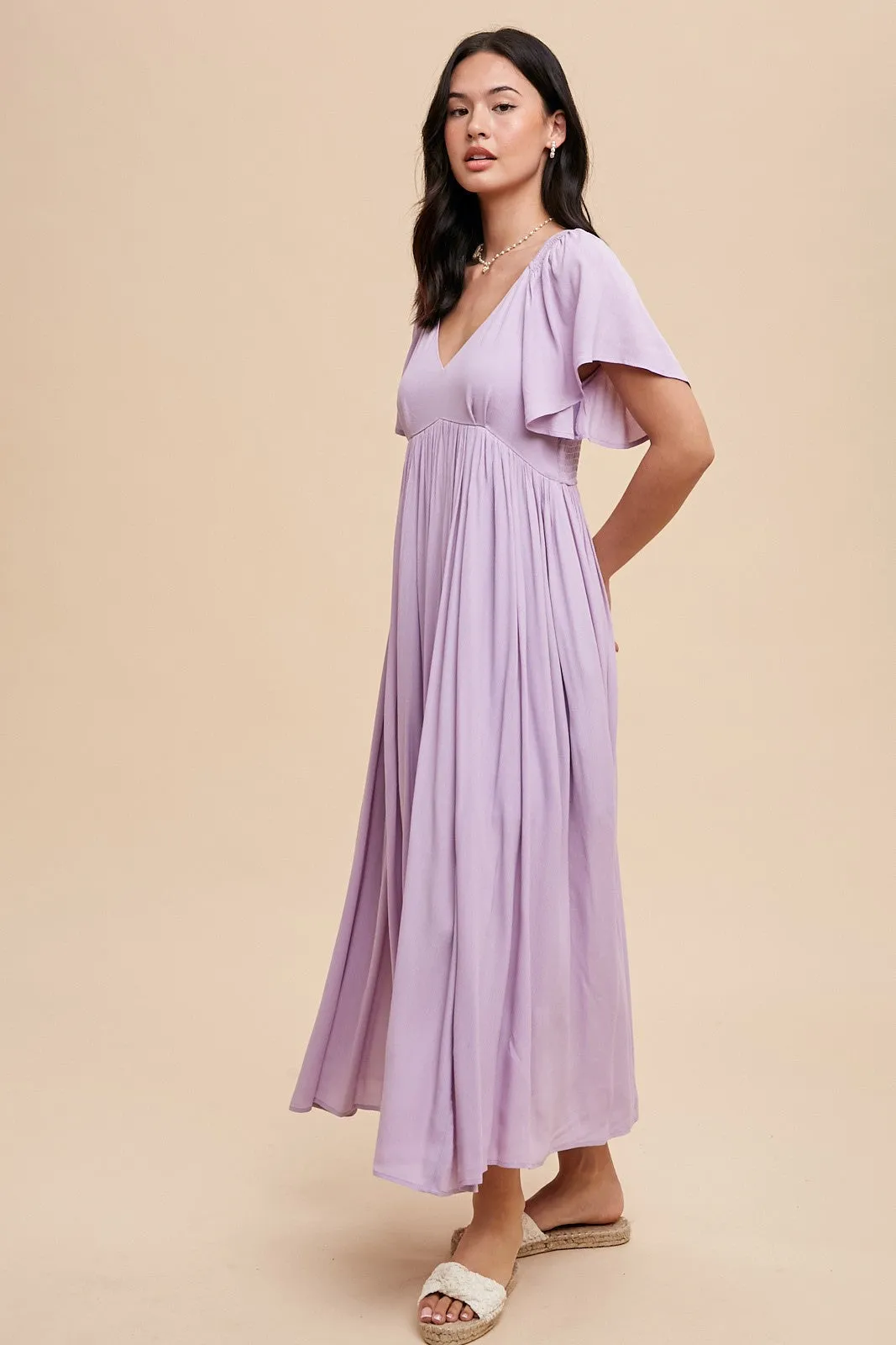 Lavender V-Neck Flutter Short Sleeve Midi Dress sold by Pinkblush product image thumbnail 3