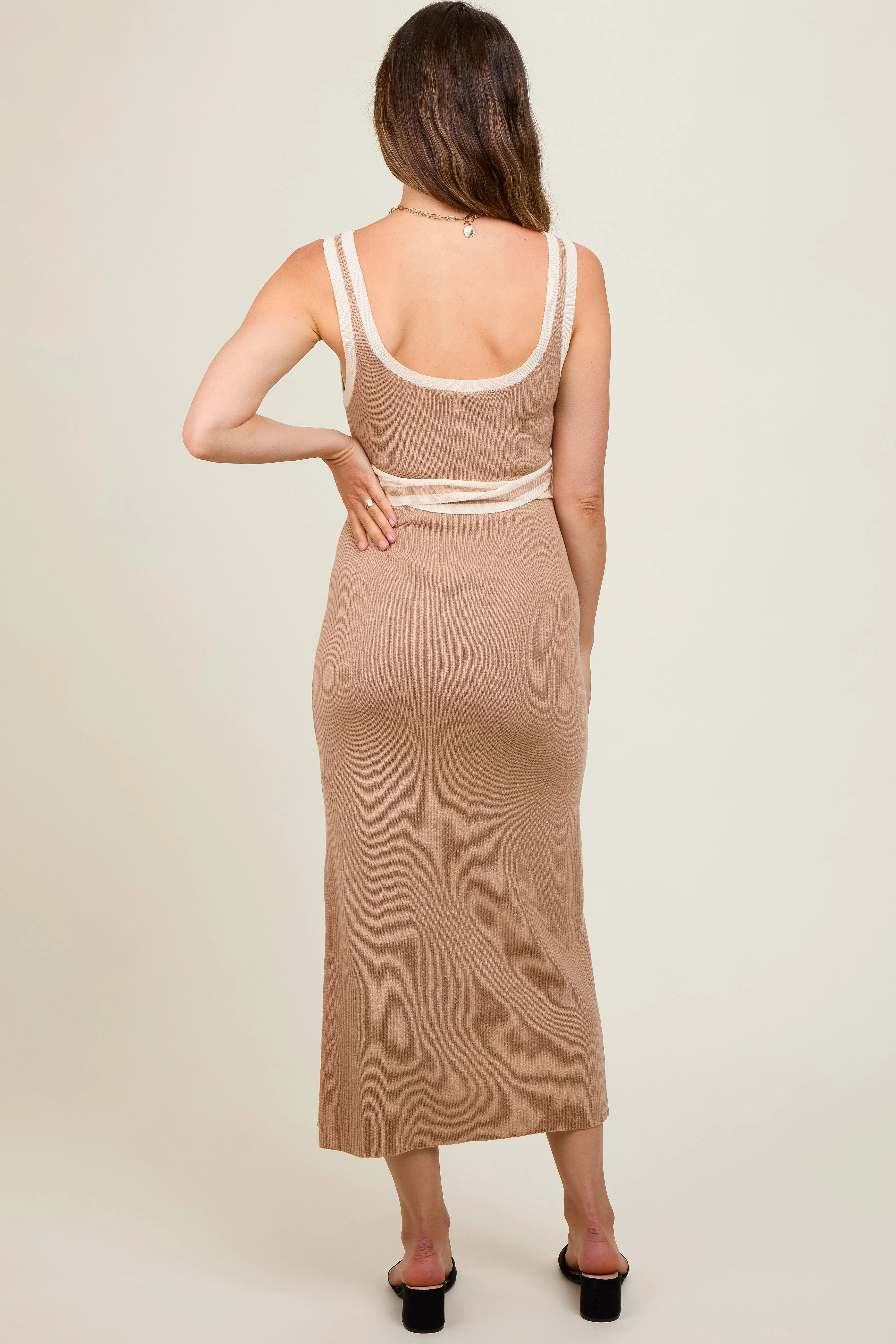 Taupe Ribbed Square Neck Side Slit Maternity Dress sold by Pinkblush product image thumbnail 4