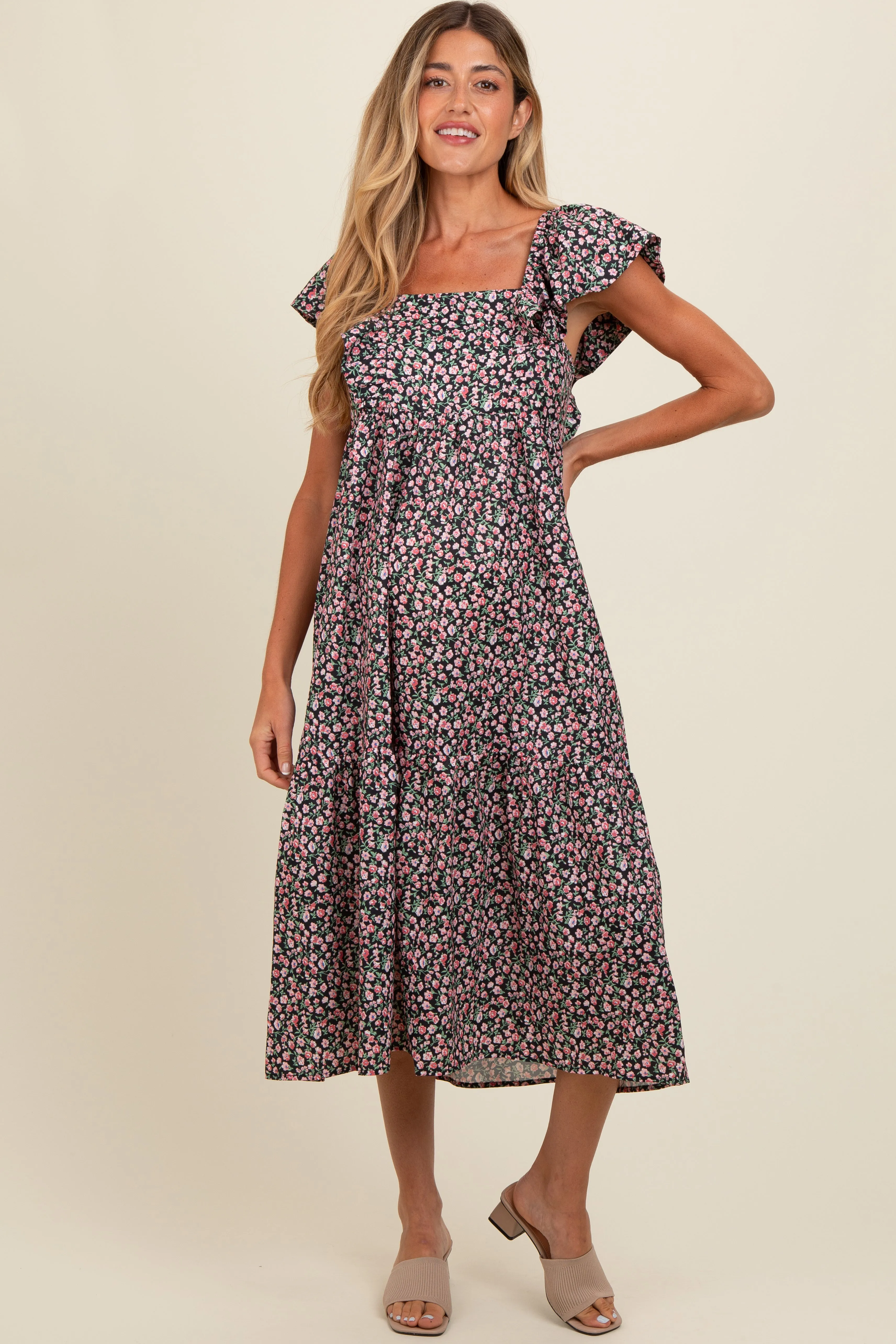 Black Floral Ruffle Off Shoulder Maternity Midi Dress sold by Pinkblush