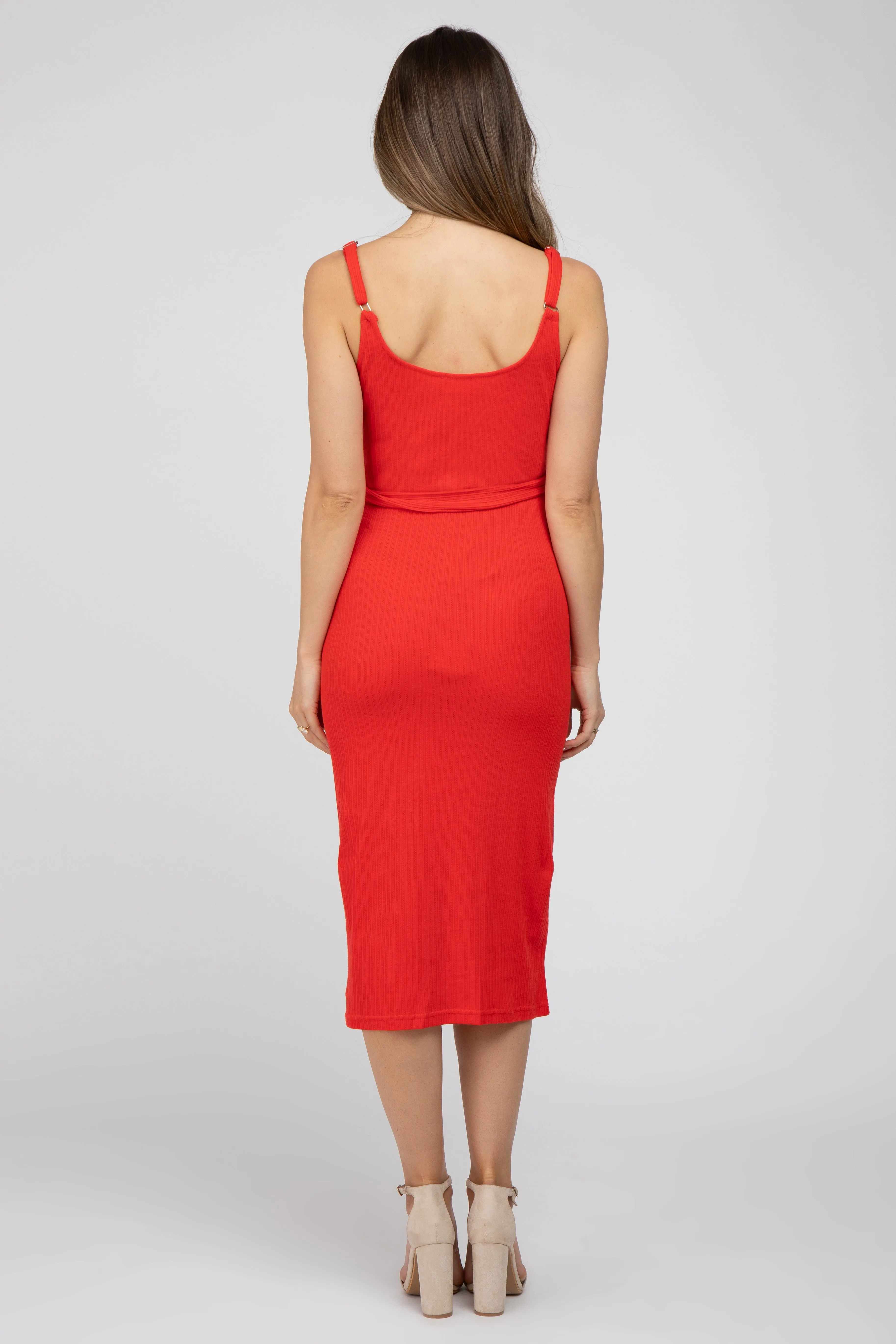 Red Ribbed Sash Tie Maternity Midi Dress sold by Pinkblush product image thumbnail 3