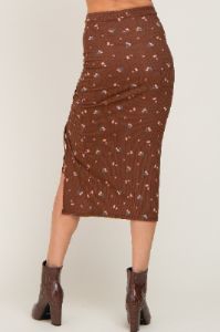 Brown Floral Ribbed Ruched Slit Midi Skirt sold by Pinkblush