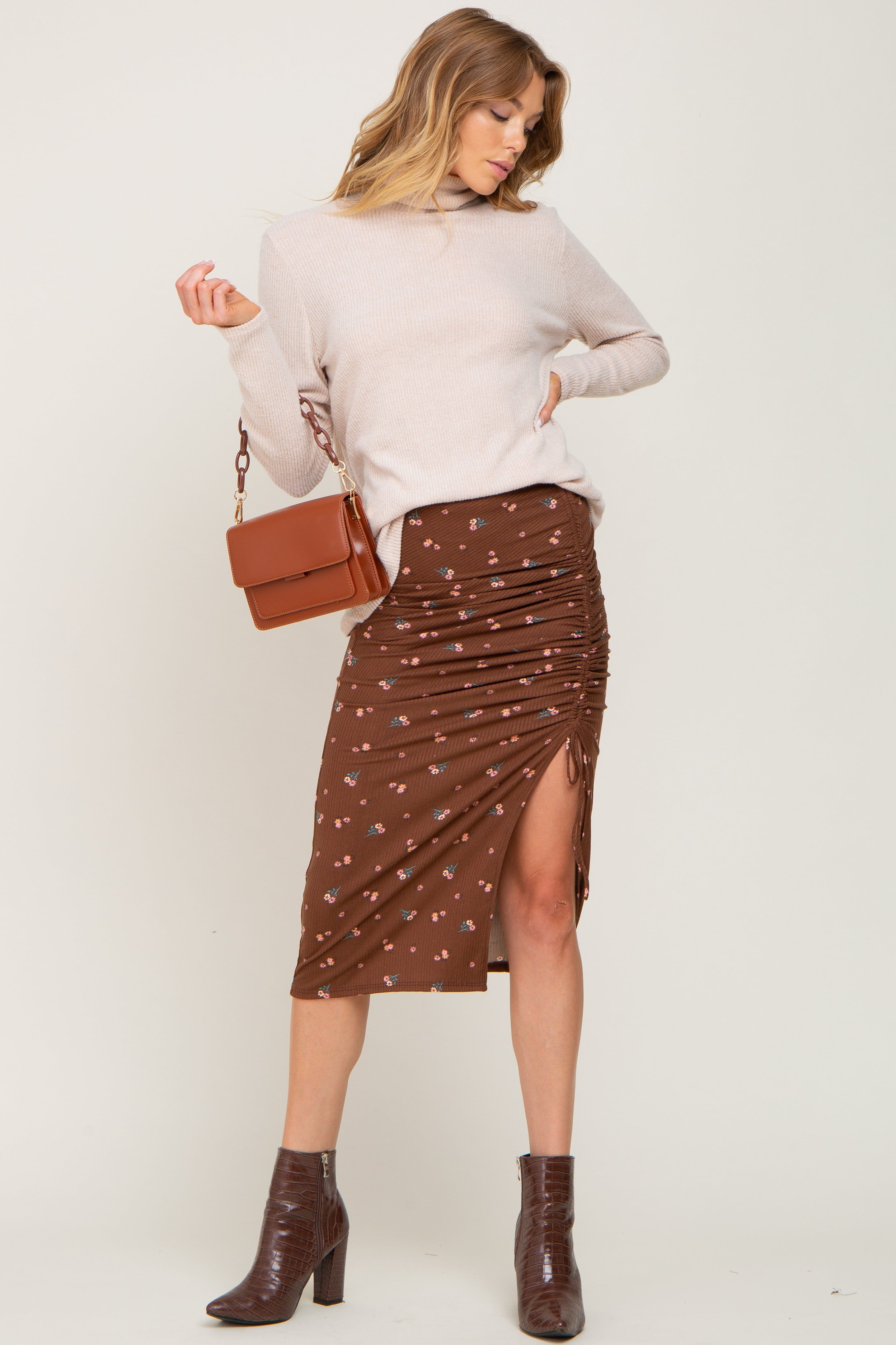 Brown Floral Ribbed Ruched Slit Midi Skirt sold by Pinkblush