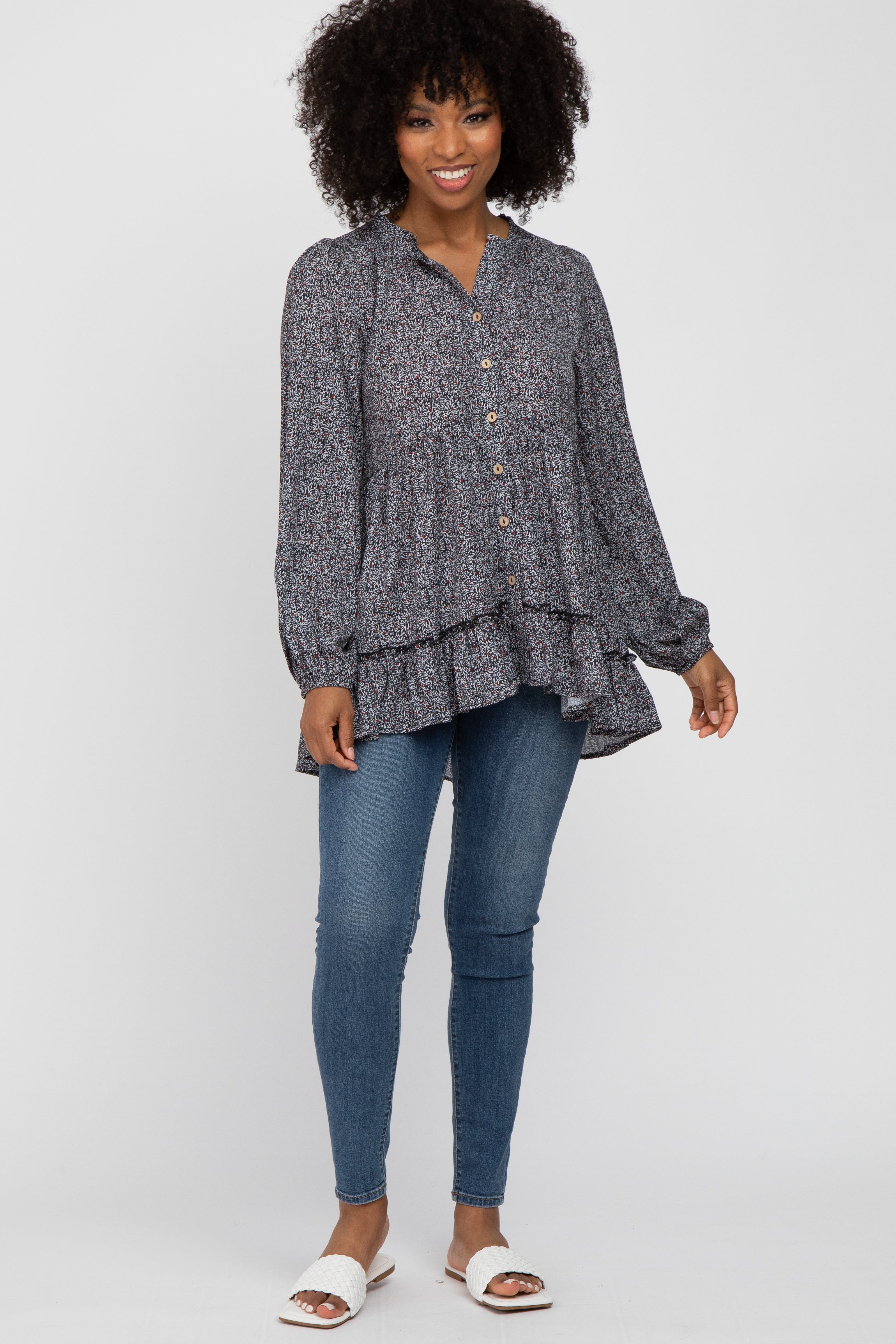 Black Floral Ruffle Long Sleeve Blouse sold by Pinkblush product image thumbnail 4