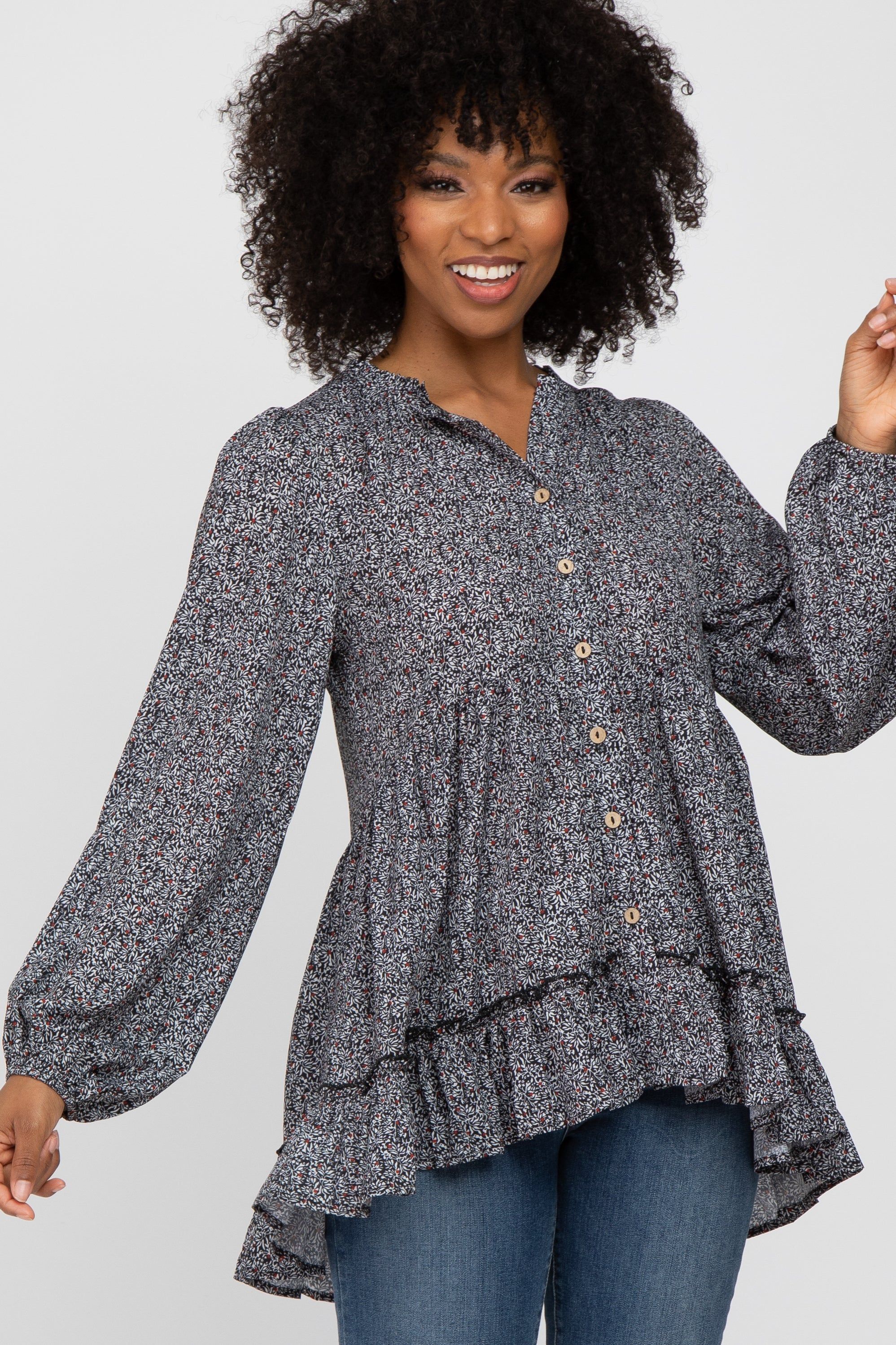 Black Floral Ruffle Long Sleeve Blouse sold by Pinkblush