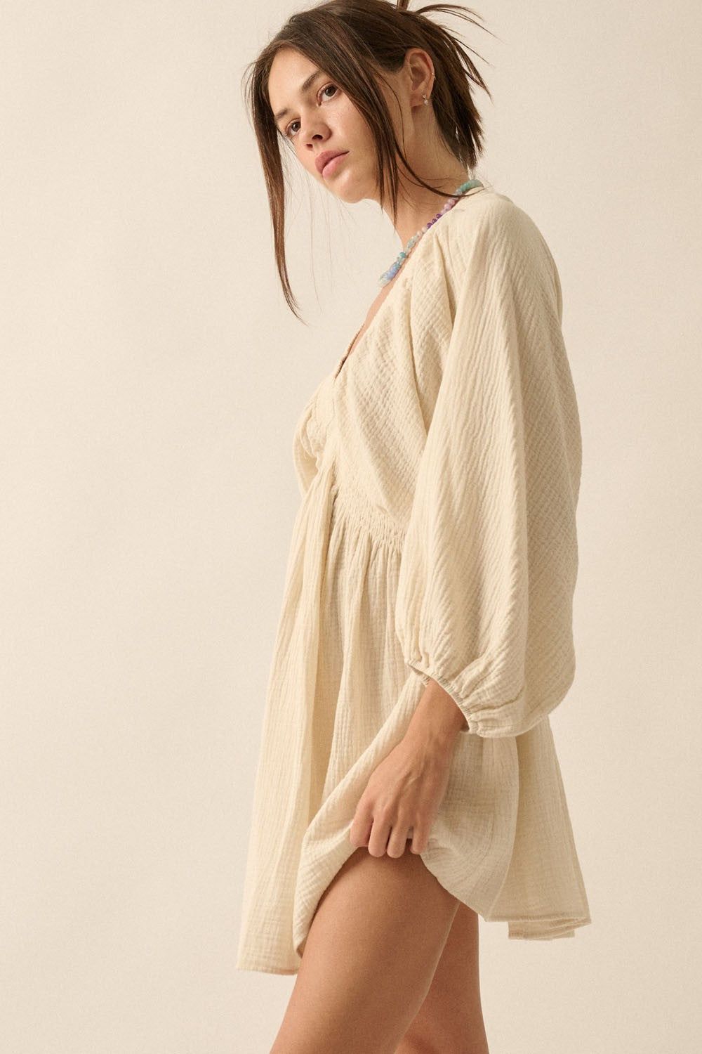 Cream Crinkle Cotton V-Neck Dolman-Sleeve Mini Dress sold by Pinkblush product image thumbnail 2