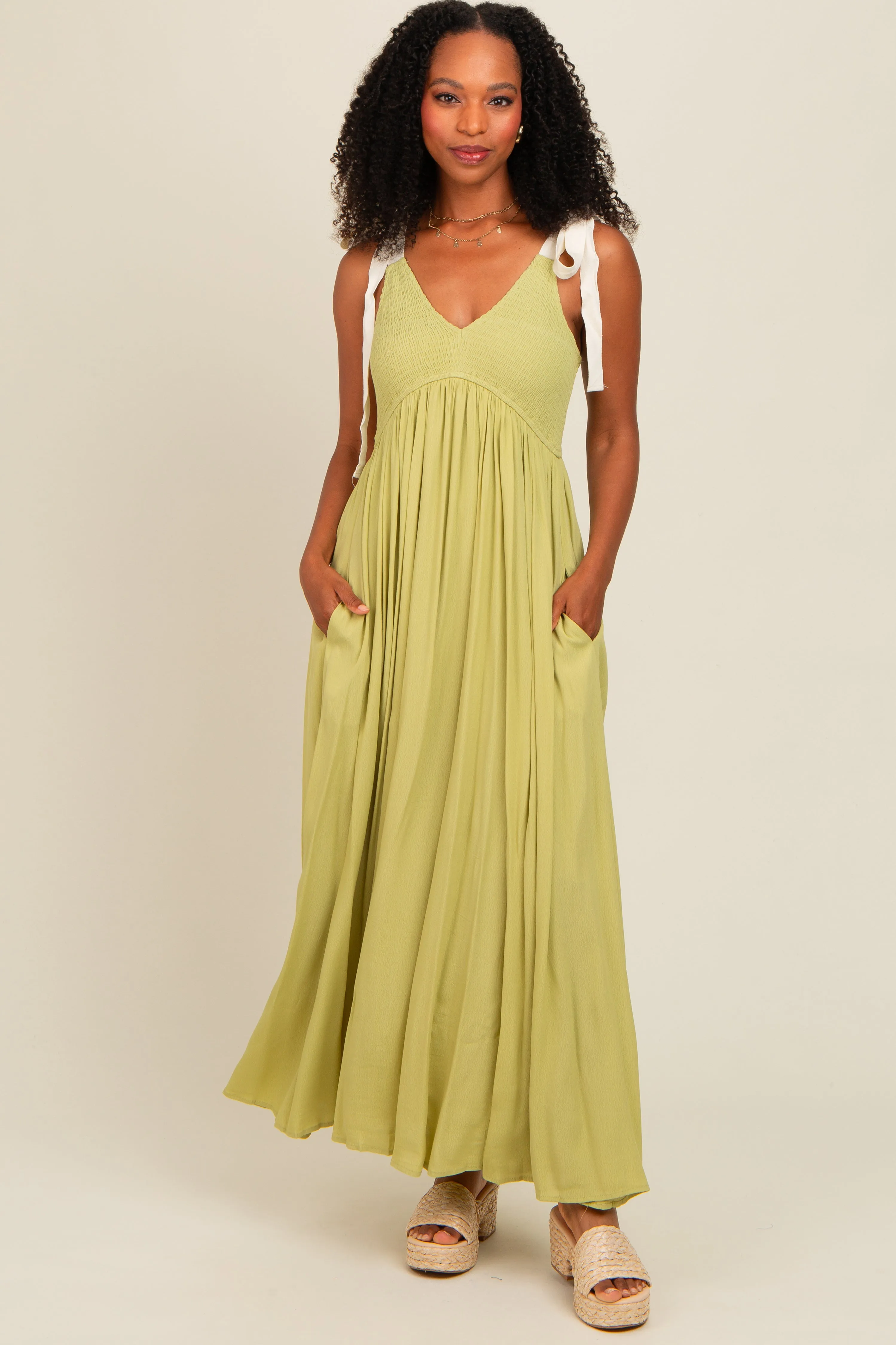 Lime Contrast Shoulder Tie Smocked Maxi Dress sold by Pinkblush