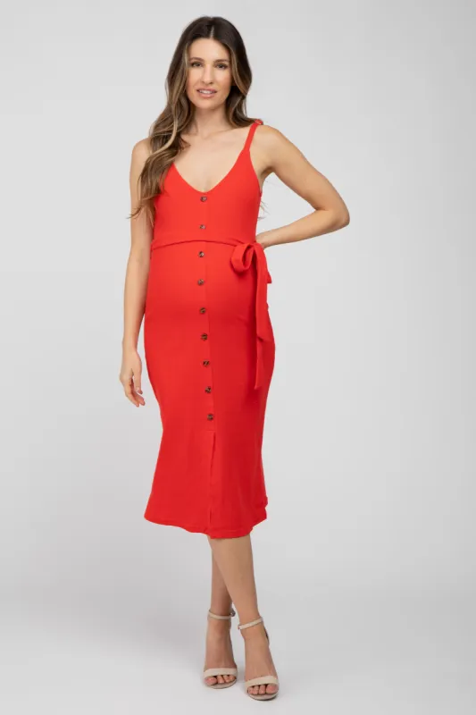 Red Ribbed Sash Tie Maternity Midi Dress sold by Pinkblush