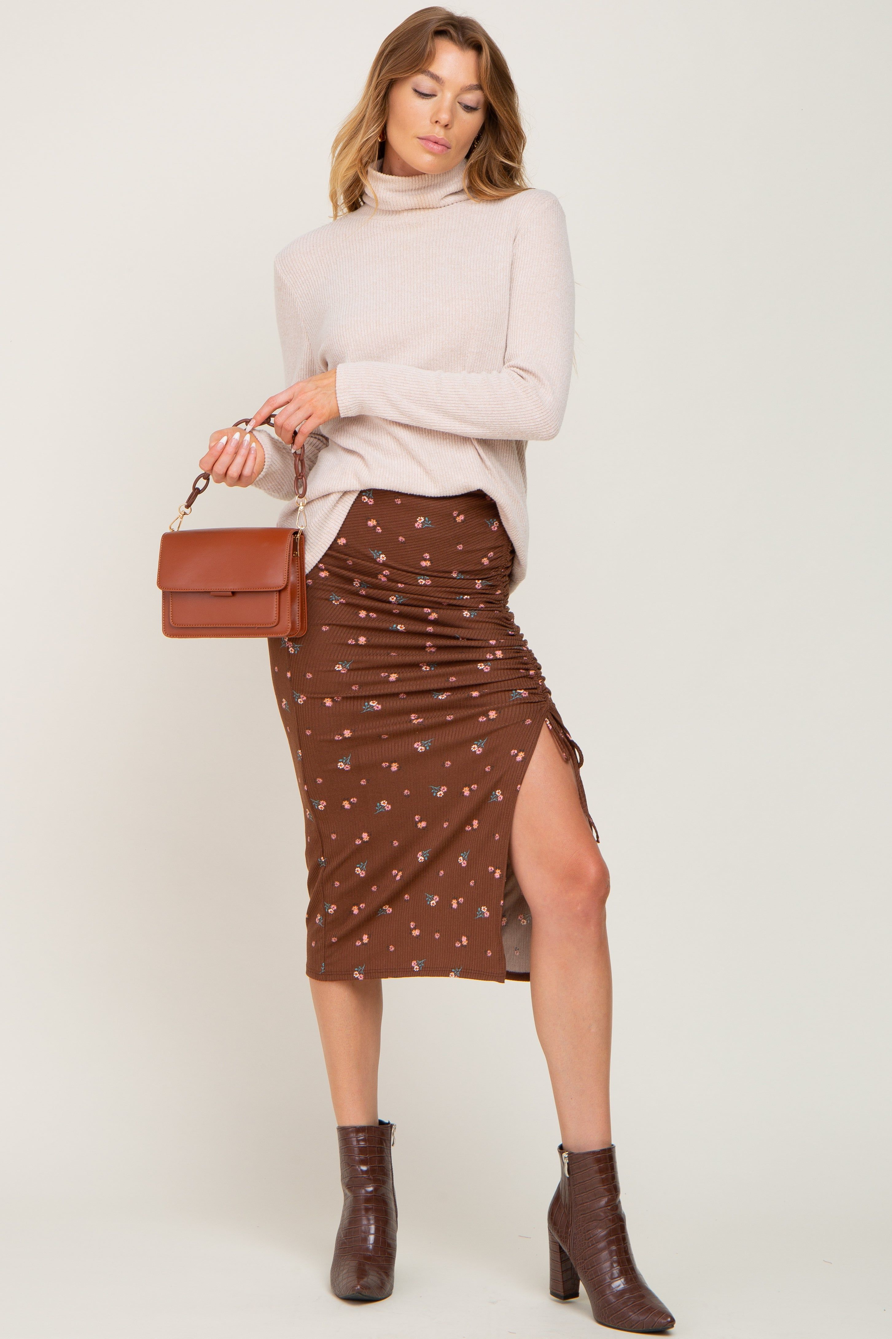Brown Floral Ribbed Ruched Slit Midi Skirt sold by Pinkblush product image thumbnail 5