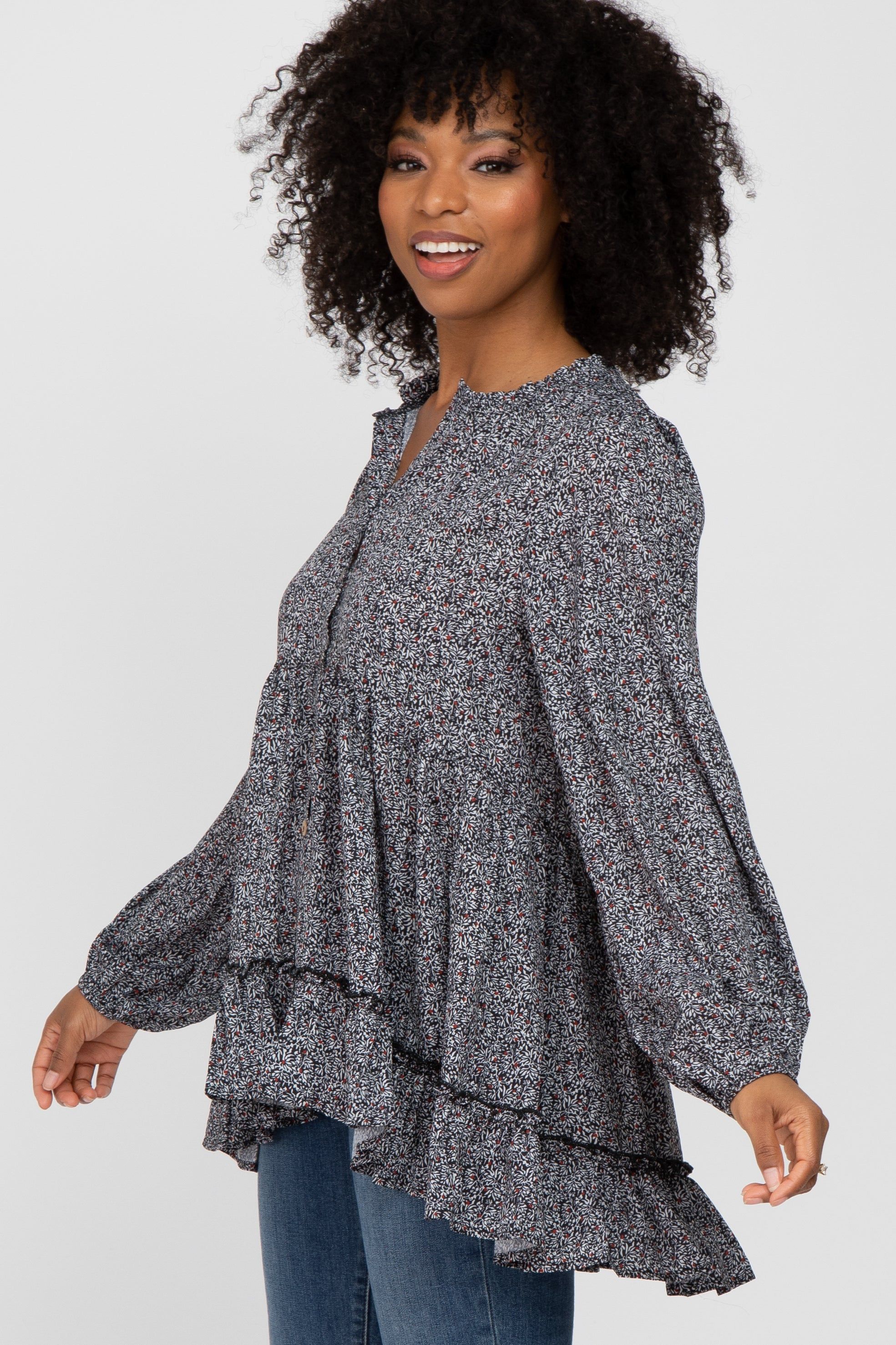 Black Floral Ruffle Long Sleeve Blouse sold by Pinkblush product image thumbnail 2